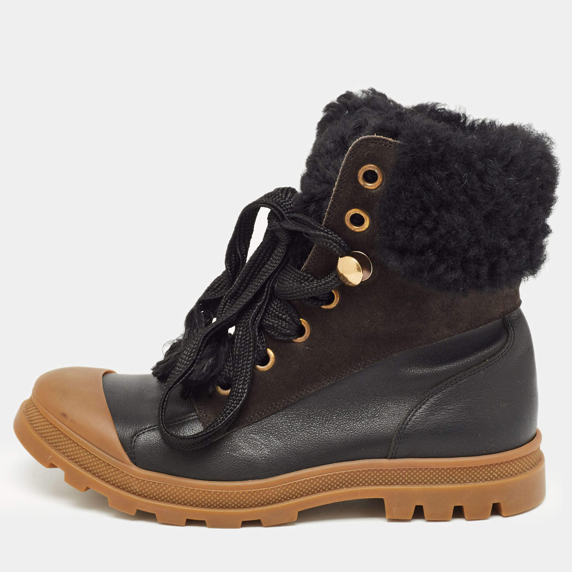Chloe Black Leather and Fur Lace Up Ankle Boots Size 39