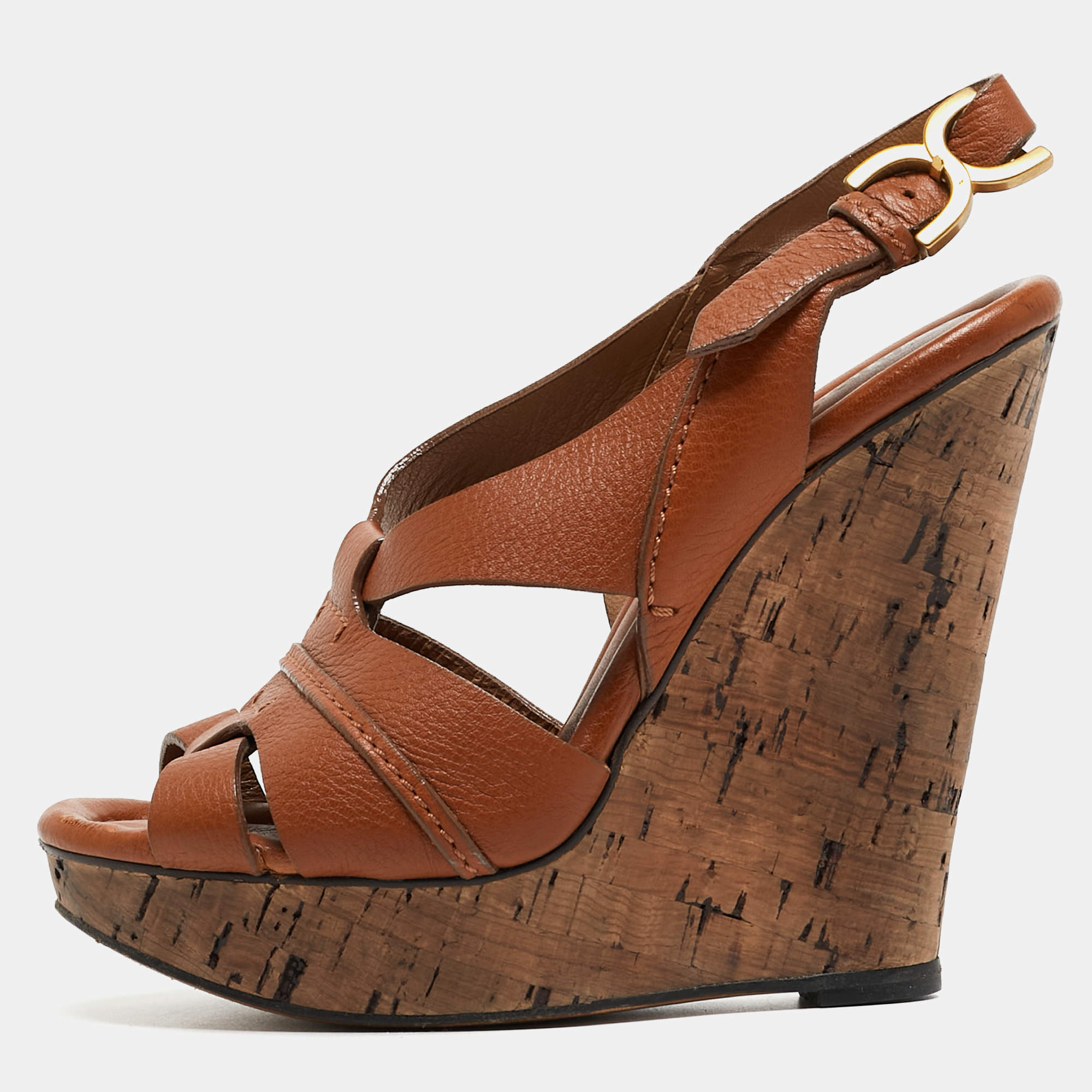 Chloe Brown Leather Cork Wedge Slingback Sandals Size 38