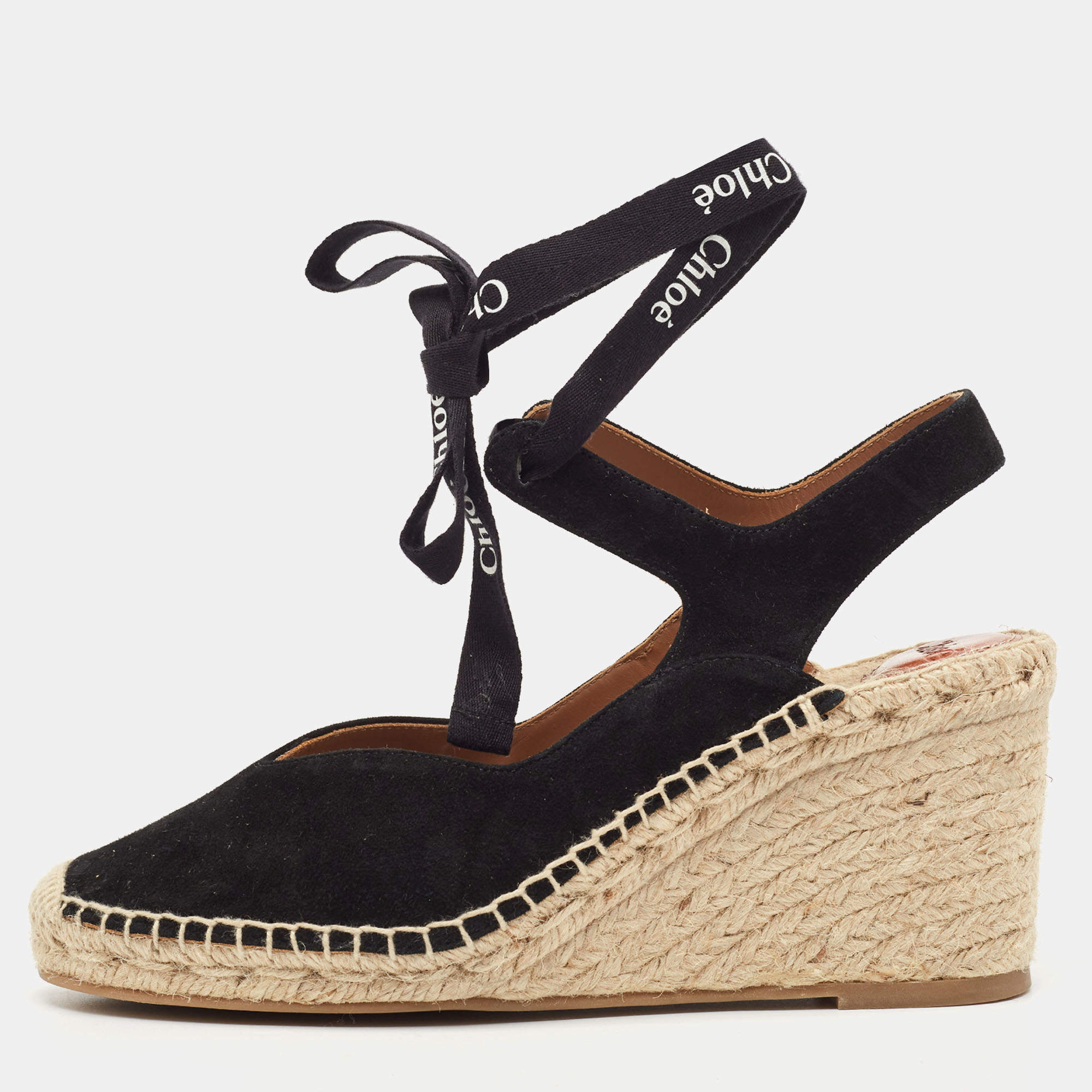 Pre Owned Chloe Black Suede Espadrille Wedge Slingback Ankle Tie Pumps Size 39