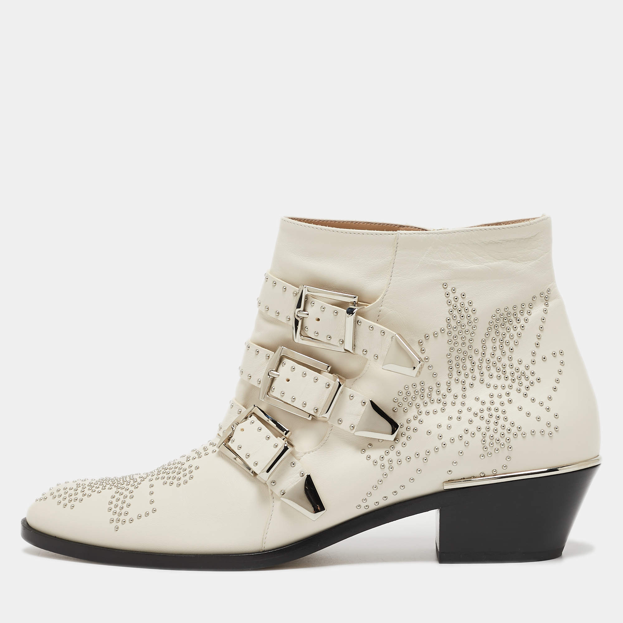 Pre Owned Chloe Cream Leather Buckle Ankle Boots Size 40