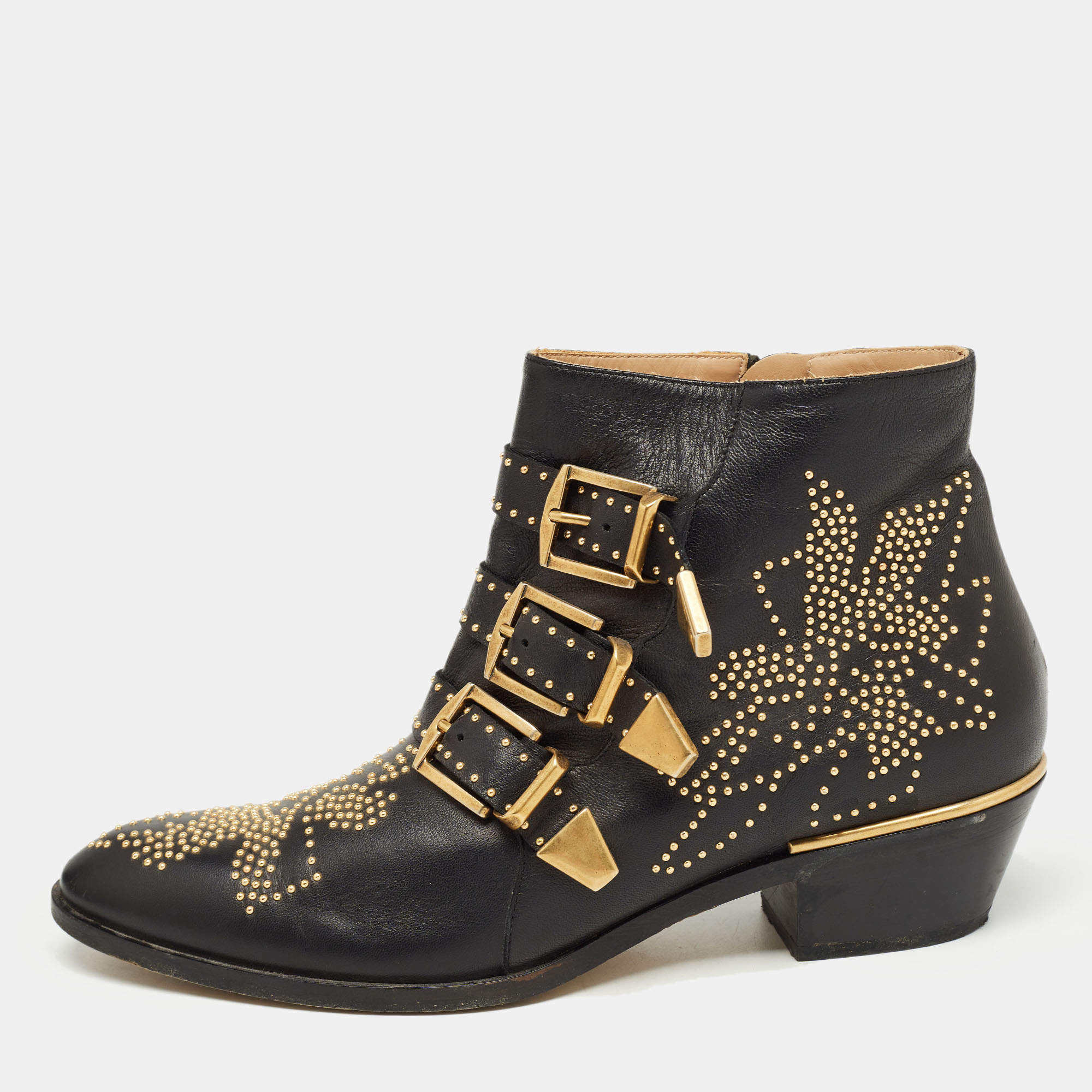 Pre Owned Chloe Black Leather Susanna Ankle Boots Size 39.5