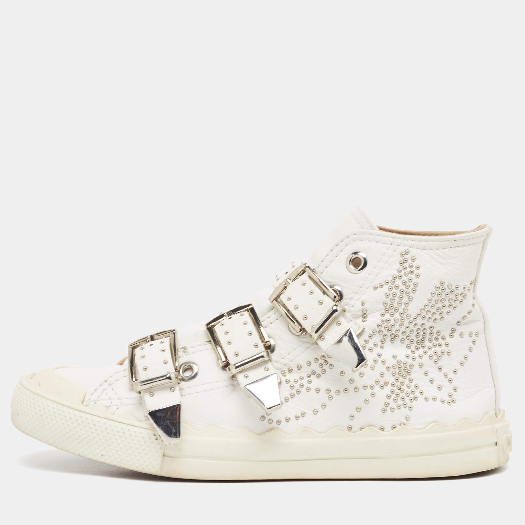 Pre Owned Chloe White Leather Studded Buckle High Top Sneakers Size 37
