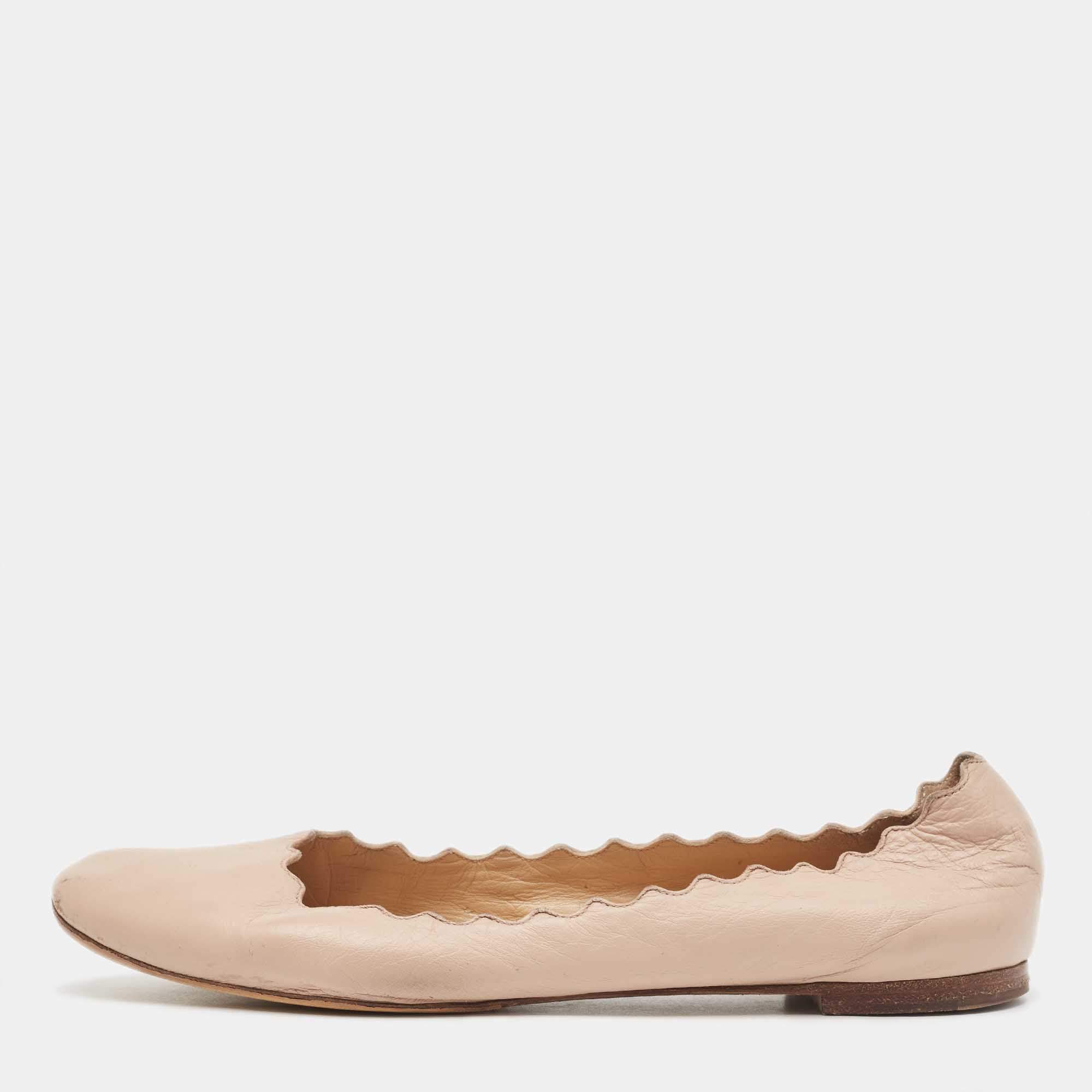 Chloe Beige Leather Laurena Scalloped Ballet Flats Size 38.5