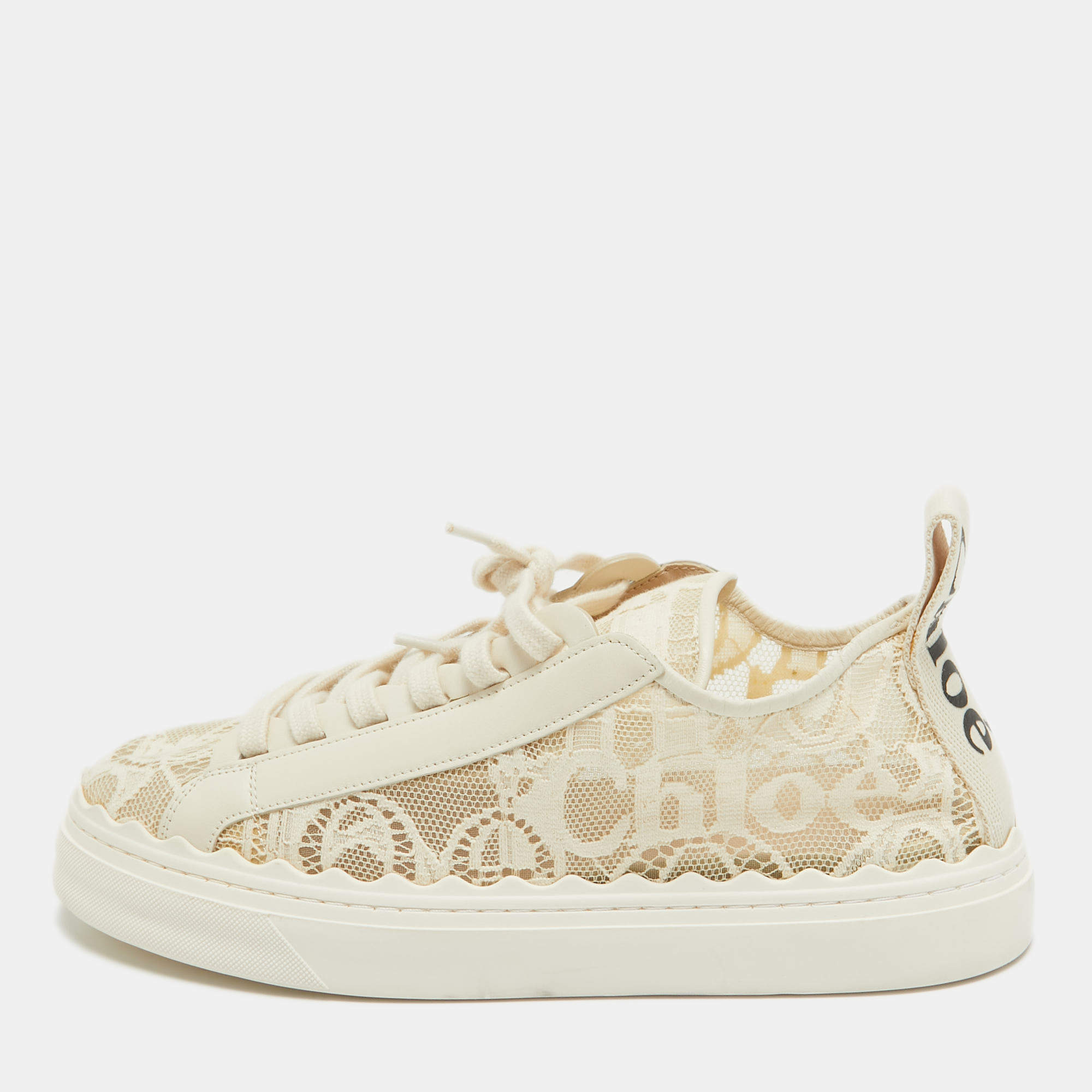 Pre Owned Chloe Cream Leather and Mesh Lauren Lace Up Sneakers Size 41