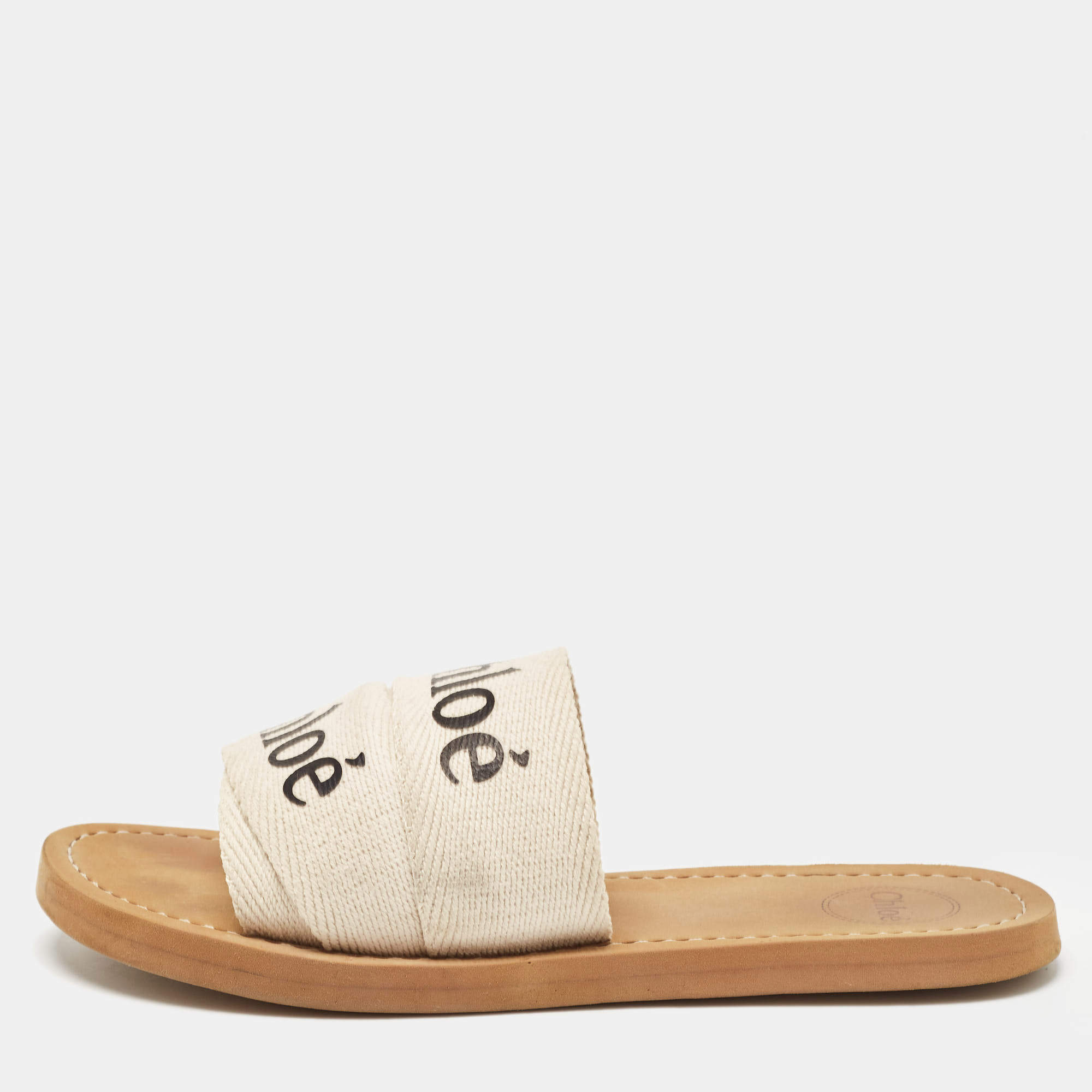 Pre Owned Chloe White/Beige Canvas Woody Slide Flats Size 36