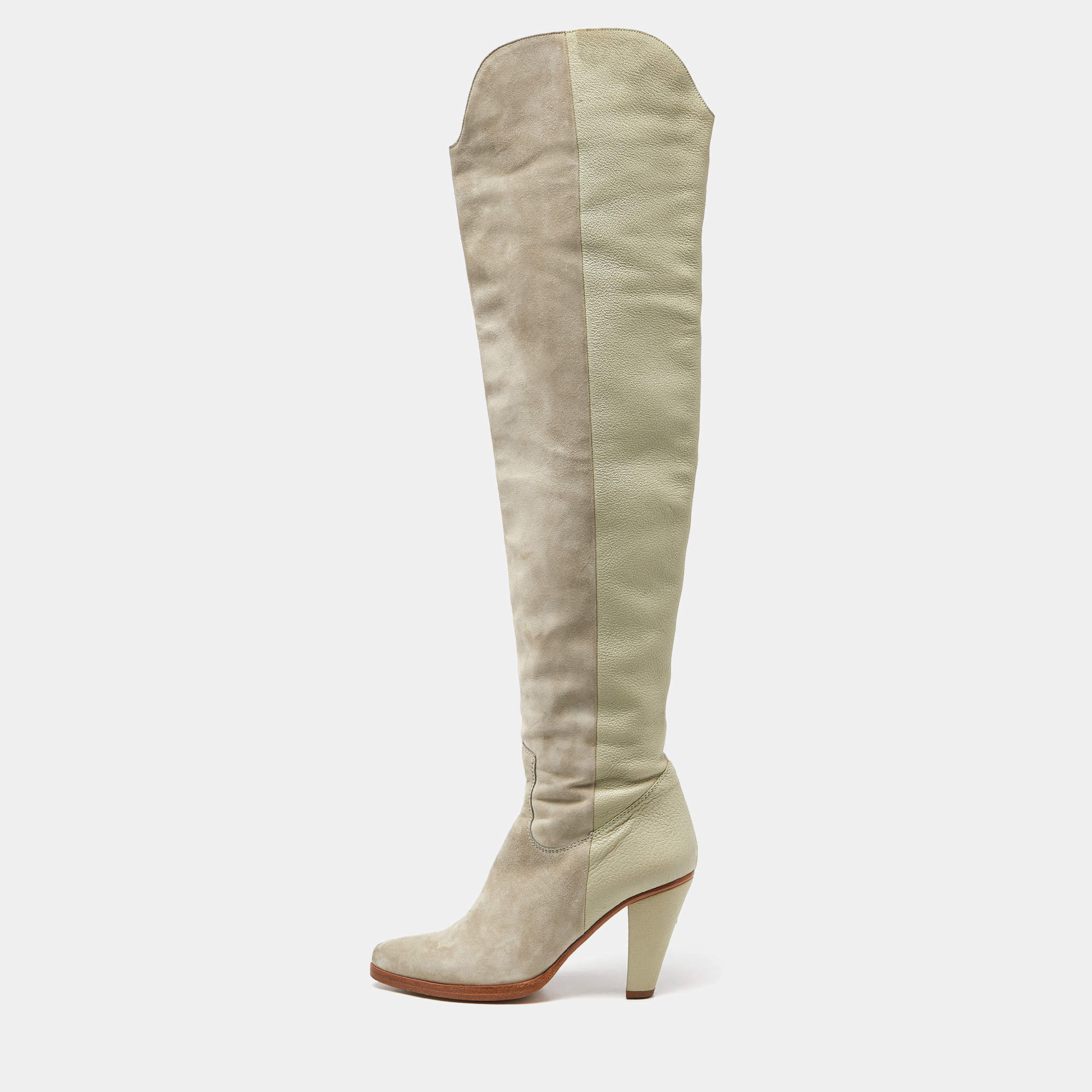 Pre Owned Chloe Grey Suede and Leather Over The Knee Length Boots Size 39