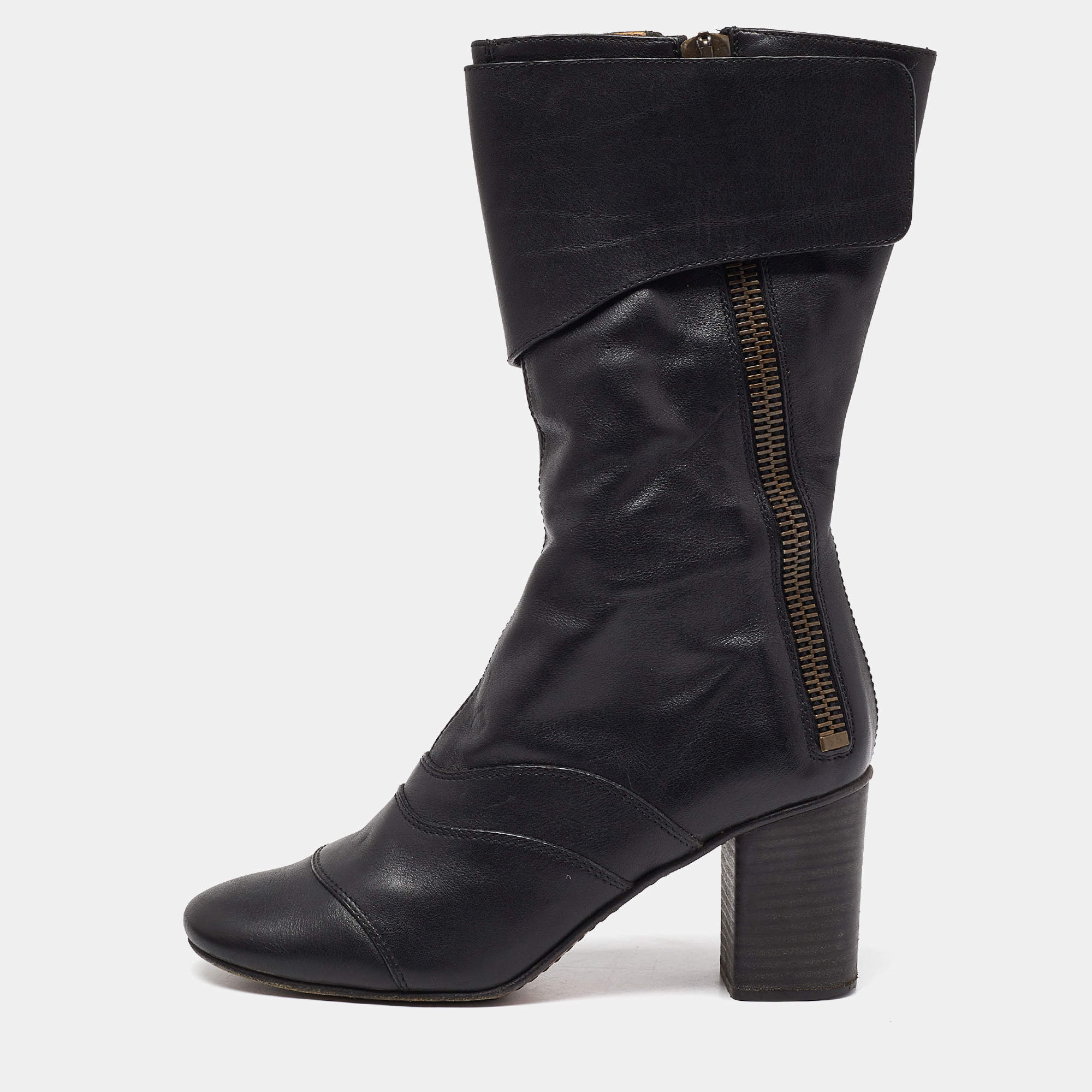 مملوكة مسبقًا Chloe Black Leather Block Heel Mid Calf Boots Size 37