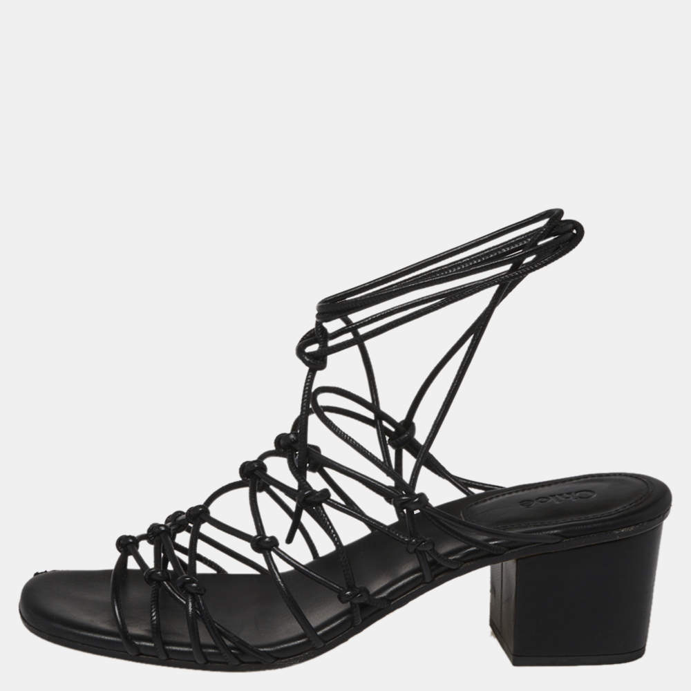 مملوكة مسبقًا Chloe Black Leather Jamie Knot Ankle Wrap Sandals Size 38.5