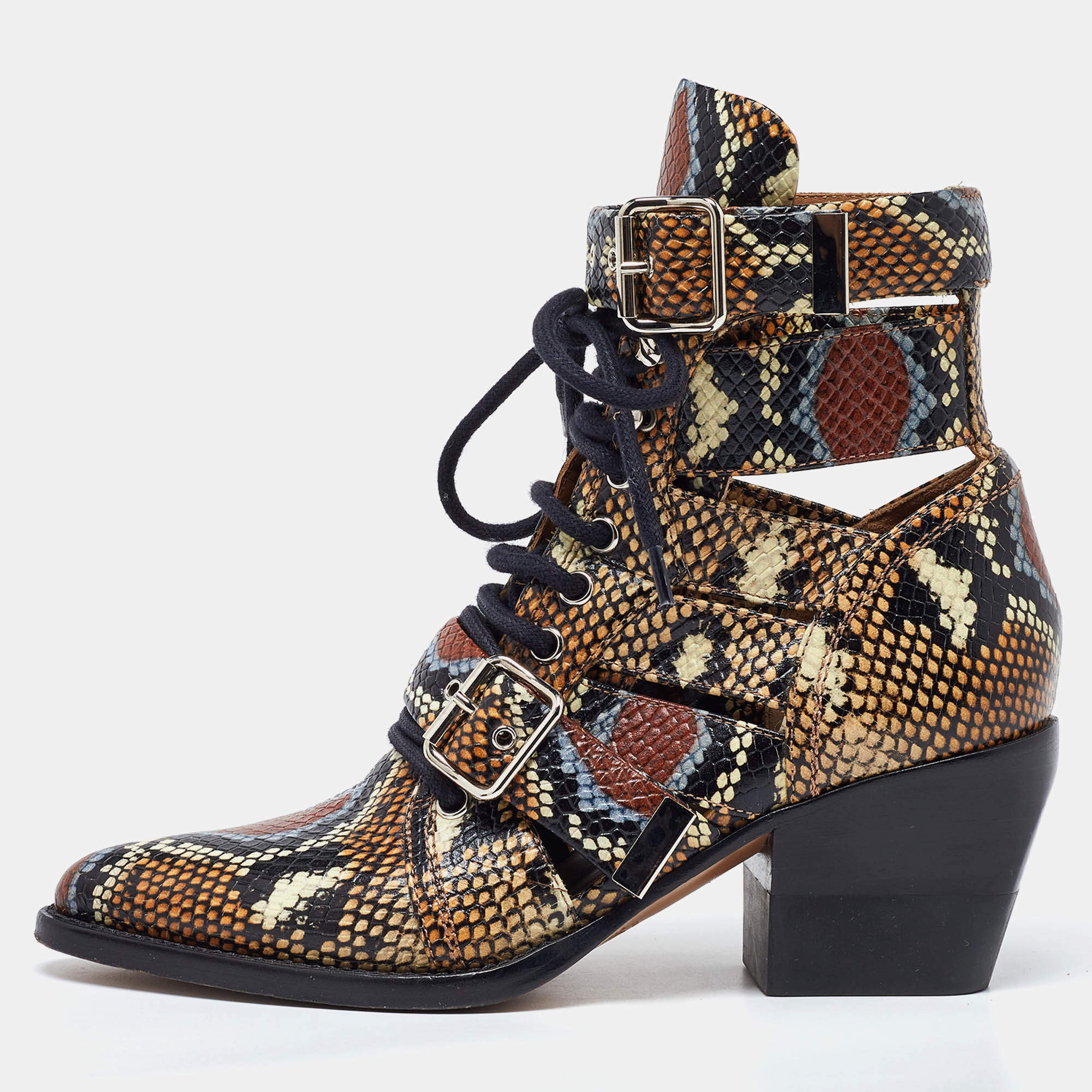 Chloe Multicolor Python Embossed Leather Rylee Cut Out Buckle Detail Ankle Boots Size 37.5