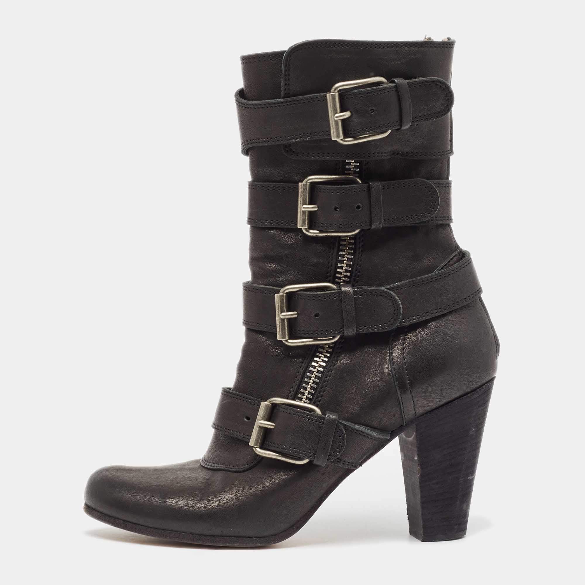 Pre Owned Chloe Black Leather Buckle Detail Block Heel Ankle Boots Size 38.5