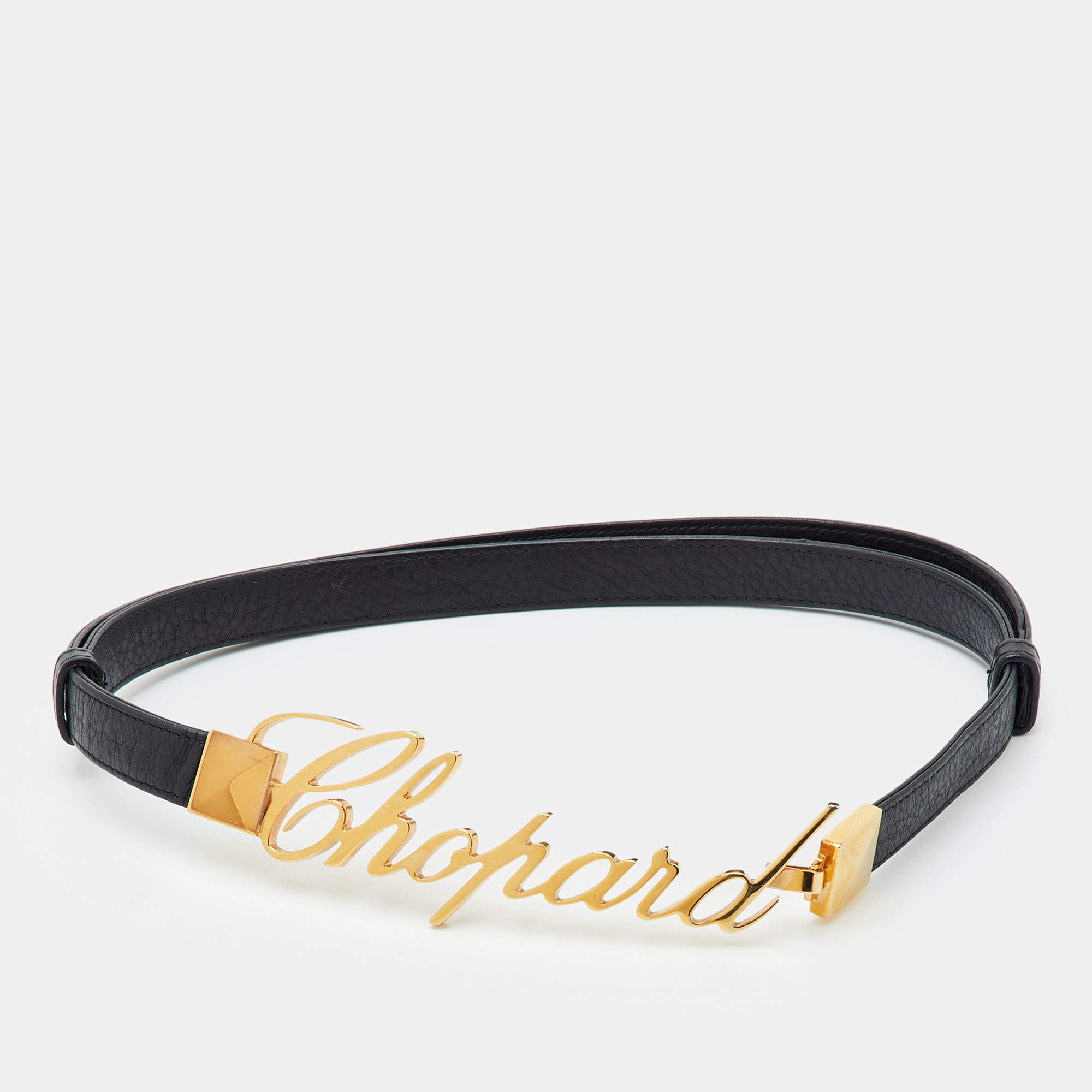 Pre Owned Chopard 100CM Black Leather Logo Buckle Adjustable Waist Belt