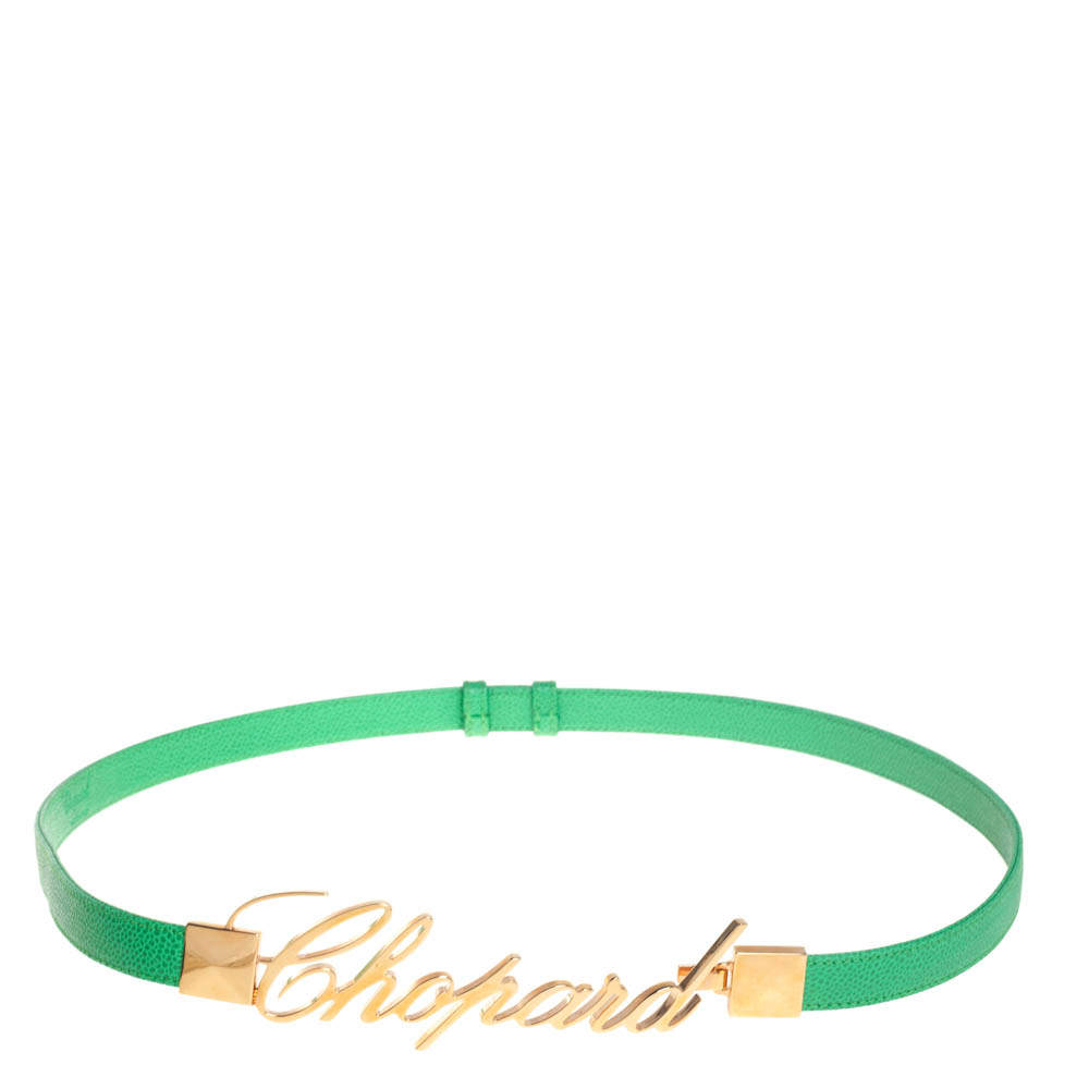 Pre Owned Chopard Green Grained Leather Logo Buckle Adjustable Belt 105CM