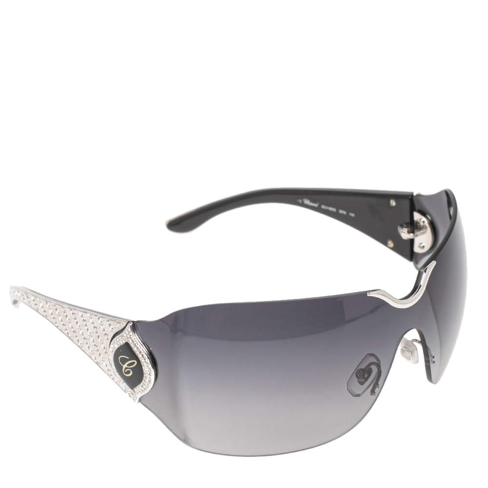 Pre Owned Chopard Silver Crystal Emellished SCH 883S Shield Sunglasses