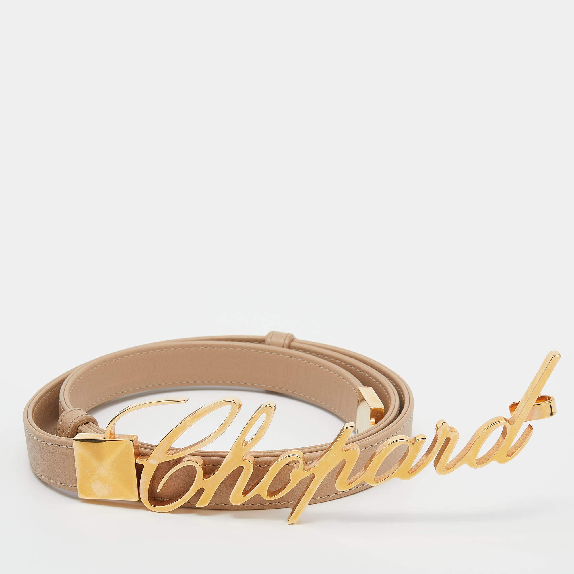 Pre Owned Chopard Beige Leather Logo Buckle Adjustable Belt 105 CM