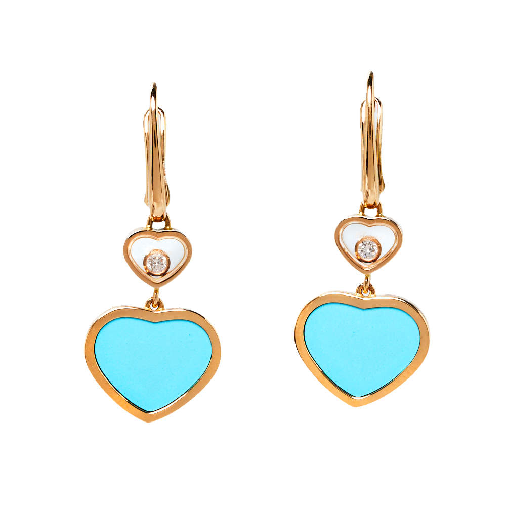 Chopard Happy Hearts Diamond Turquoise 18K Rose Gold Drop Earrings
