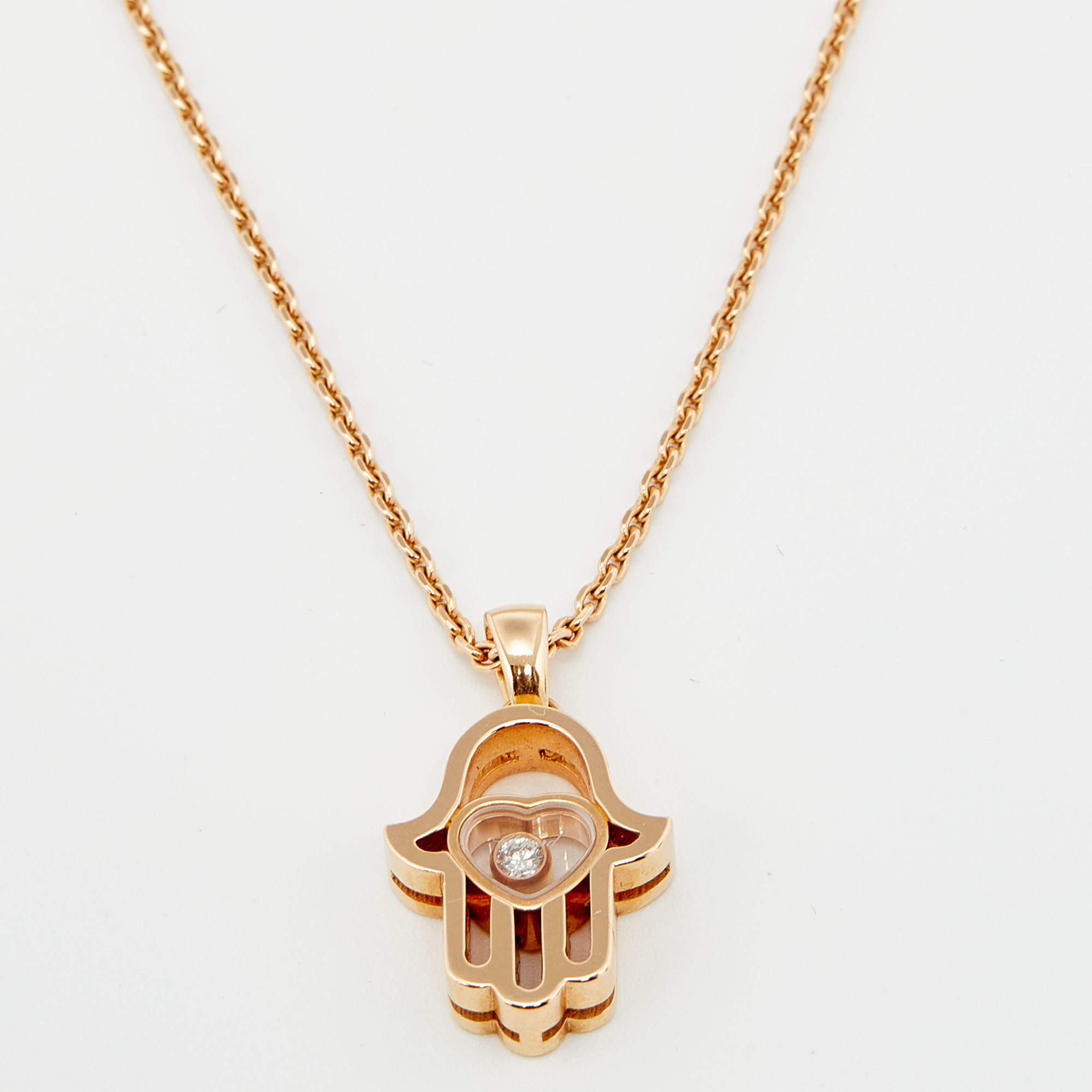 Pre Owned Chopard Happy Diamond Hamsa Hand Good Luck Diamond 18k Rose Gold Pendant Necklace