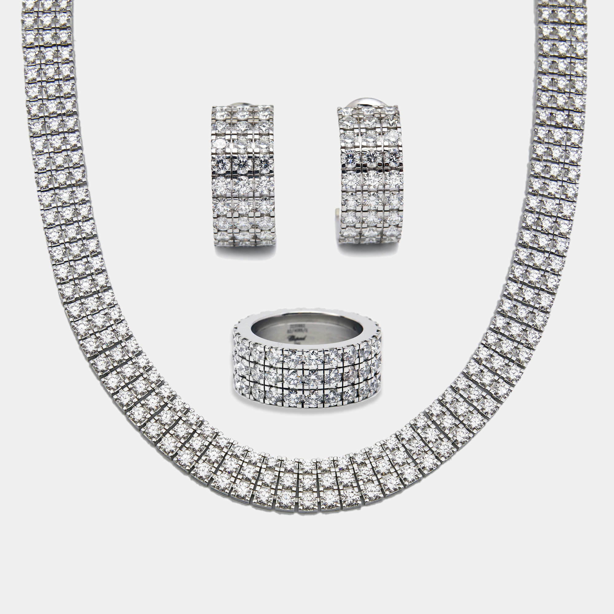 Chopard Ice Cube Three Row Diamonds 18K White Gold Necklace, Earrings & Ring Set
