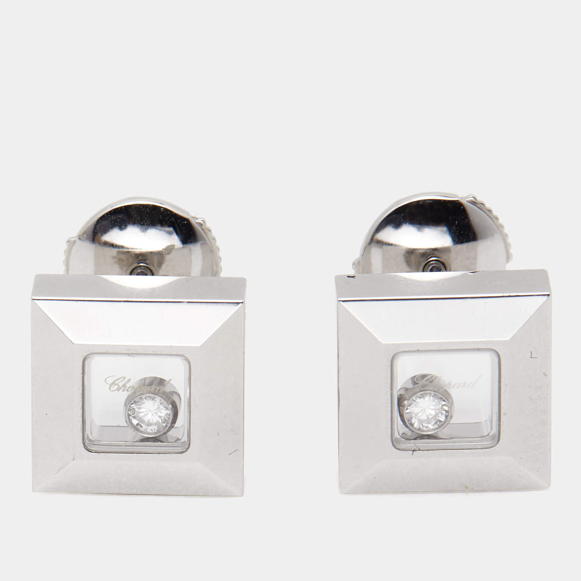 Chopard Happy Diamonds Diamond 18K White Gold Square Stud Earrings