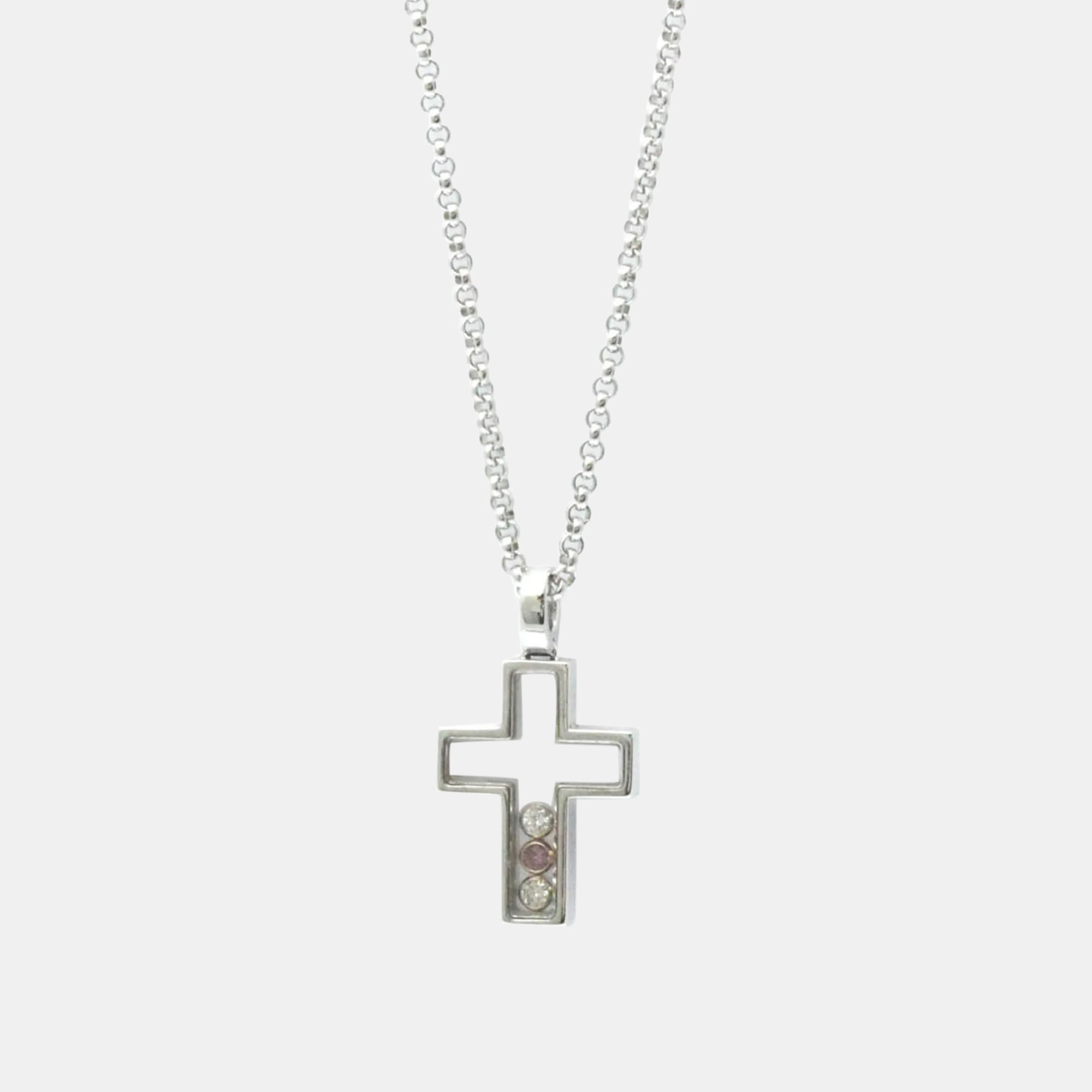 Chopard 18K White Gold, Diamond and Sapphire Happy Diamond Cross Pendant Necklace