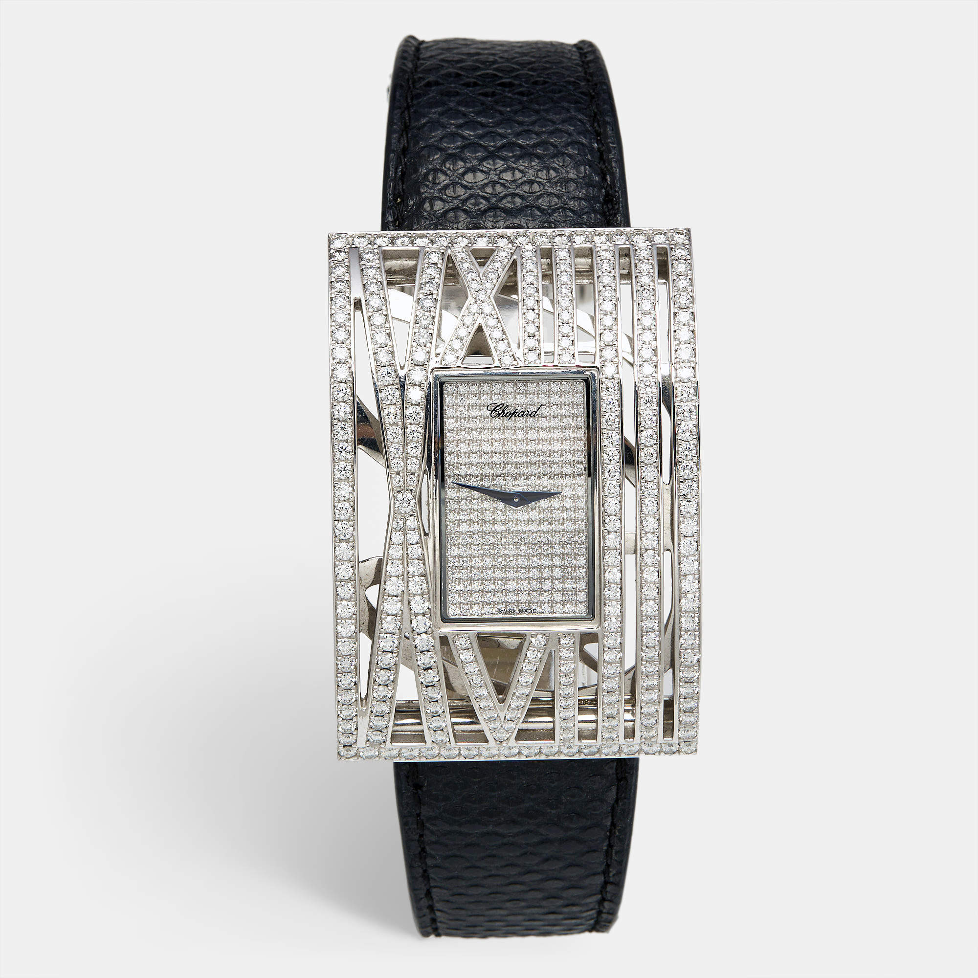 Chopard Diamond Pave 18K White Gold Snakeskin Leather Montres Dame XL 137130 Women's Wristwatch 36 mm