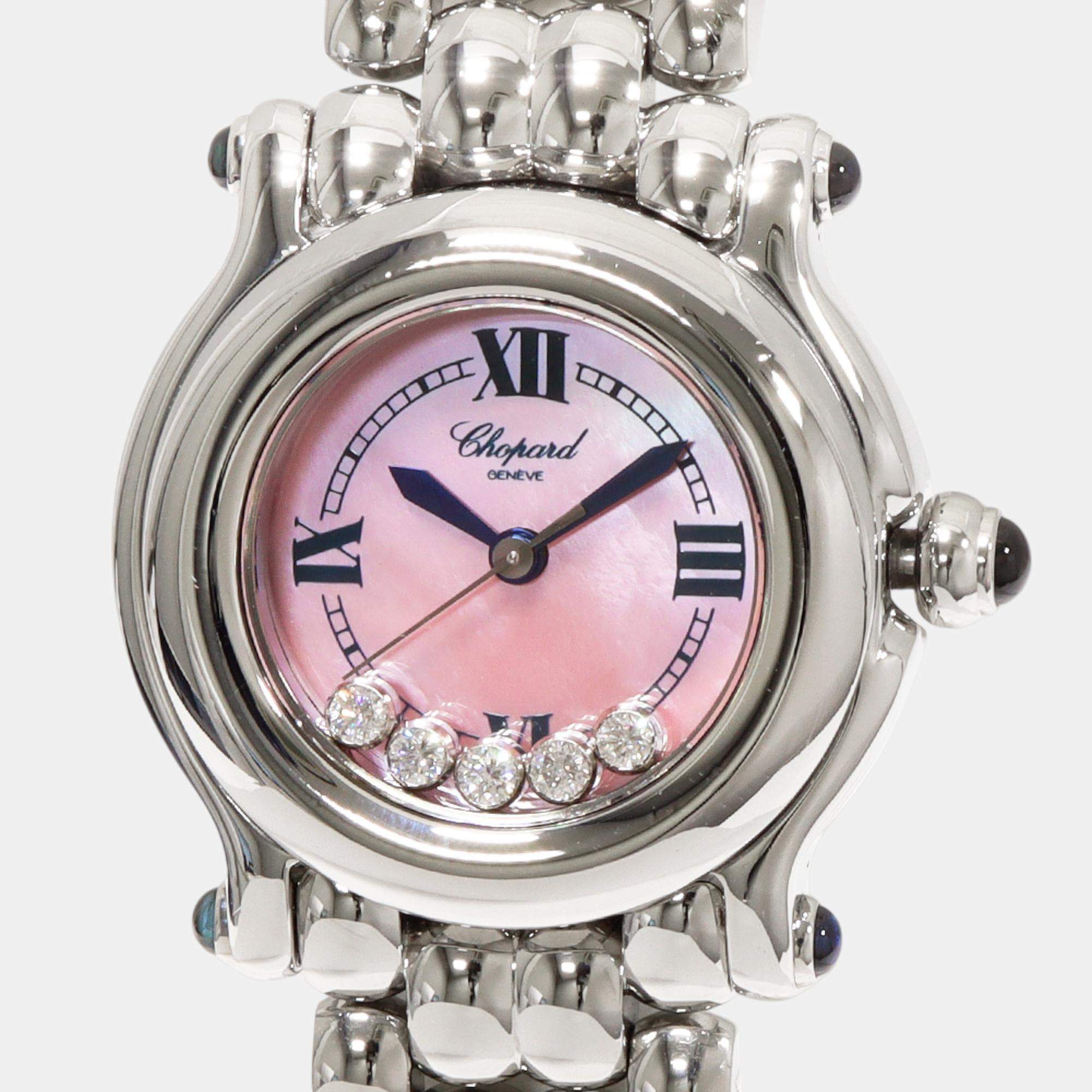 Chopard Pink Stainless Steel Diamond Happy Sport 27/8250-23 Quartz Women's Wristwatch 26 mm