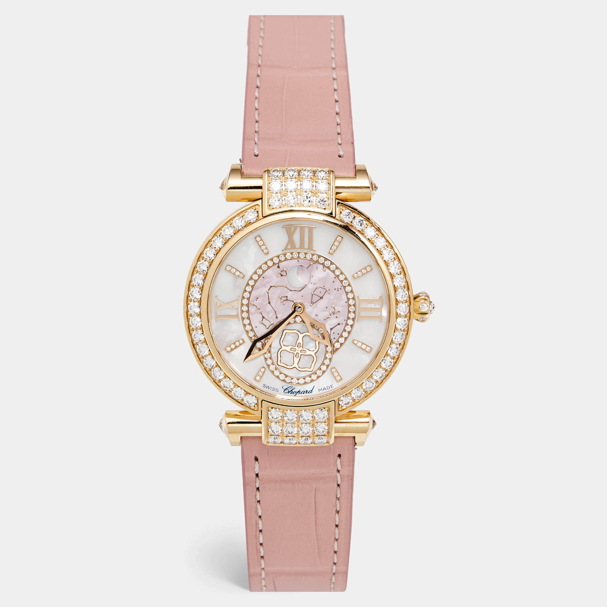 Chopard Mother Of Pearl Diamond 18K Ethical Rose Gold Alligator Leather Imperiale Moonphase 384246-5001 Women's Wristwatch 36 mm