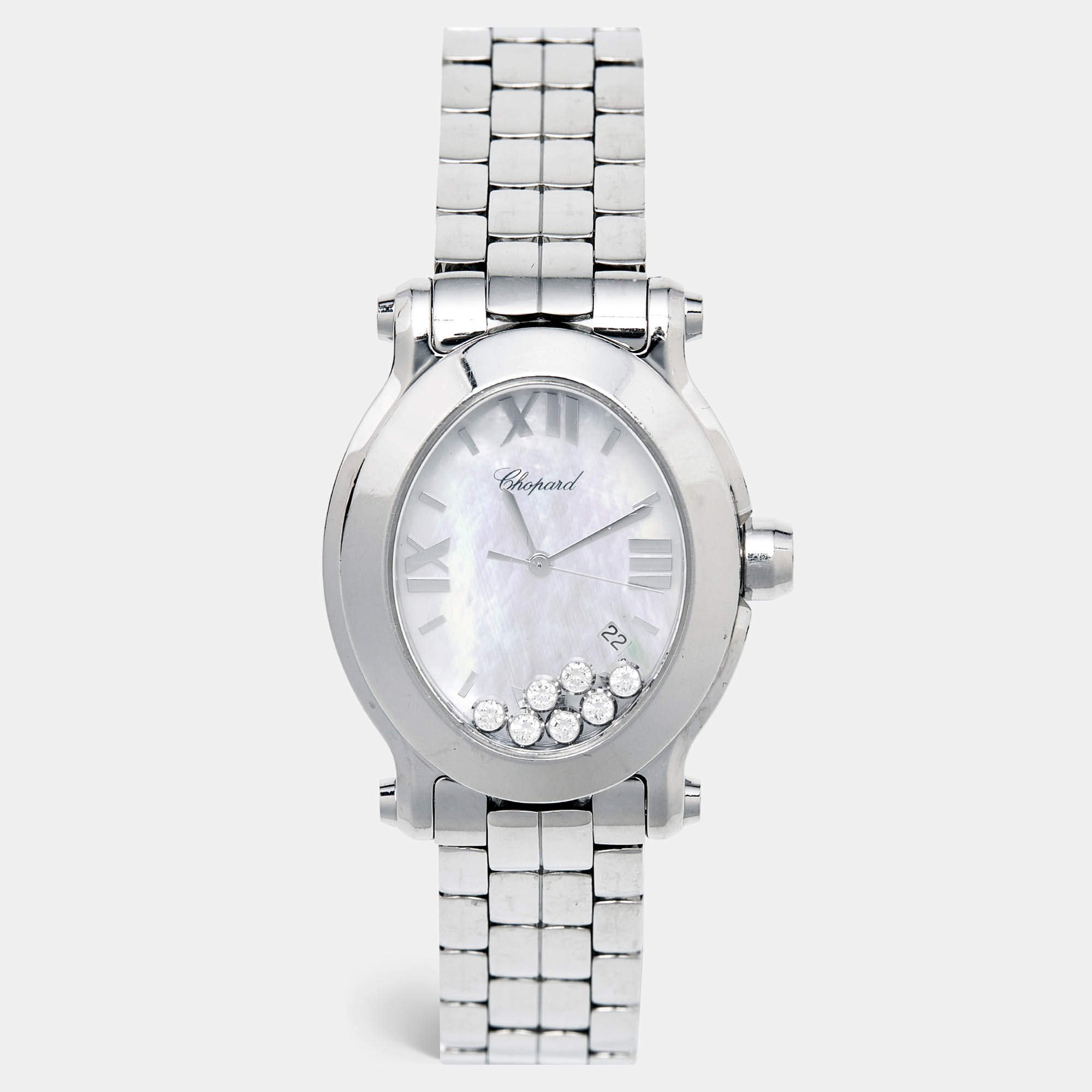 Chopard White Mother Of Pearl Stainless Steel Diamond Happy Sport 8546 Women's Wristwatch 30 mm