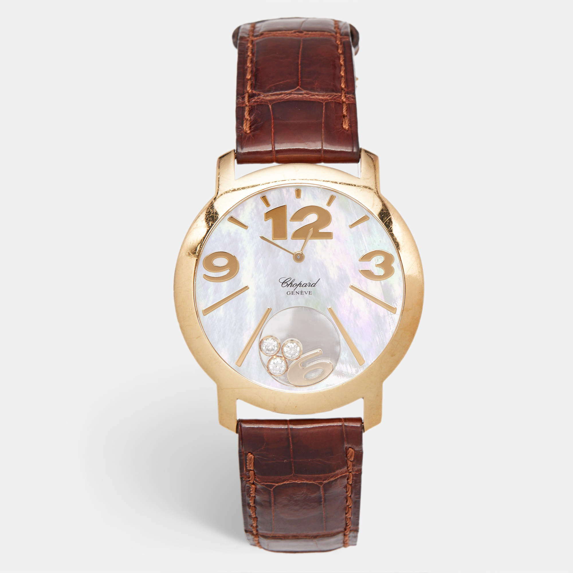 Chopard Mother Of Pearl 18K Yellow Gold Alligator Leather Happy Diamonds 20/7449 Women's Wristwatch 40 mm