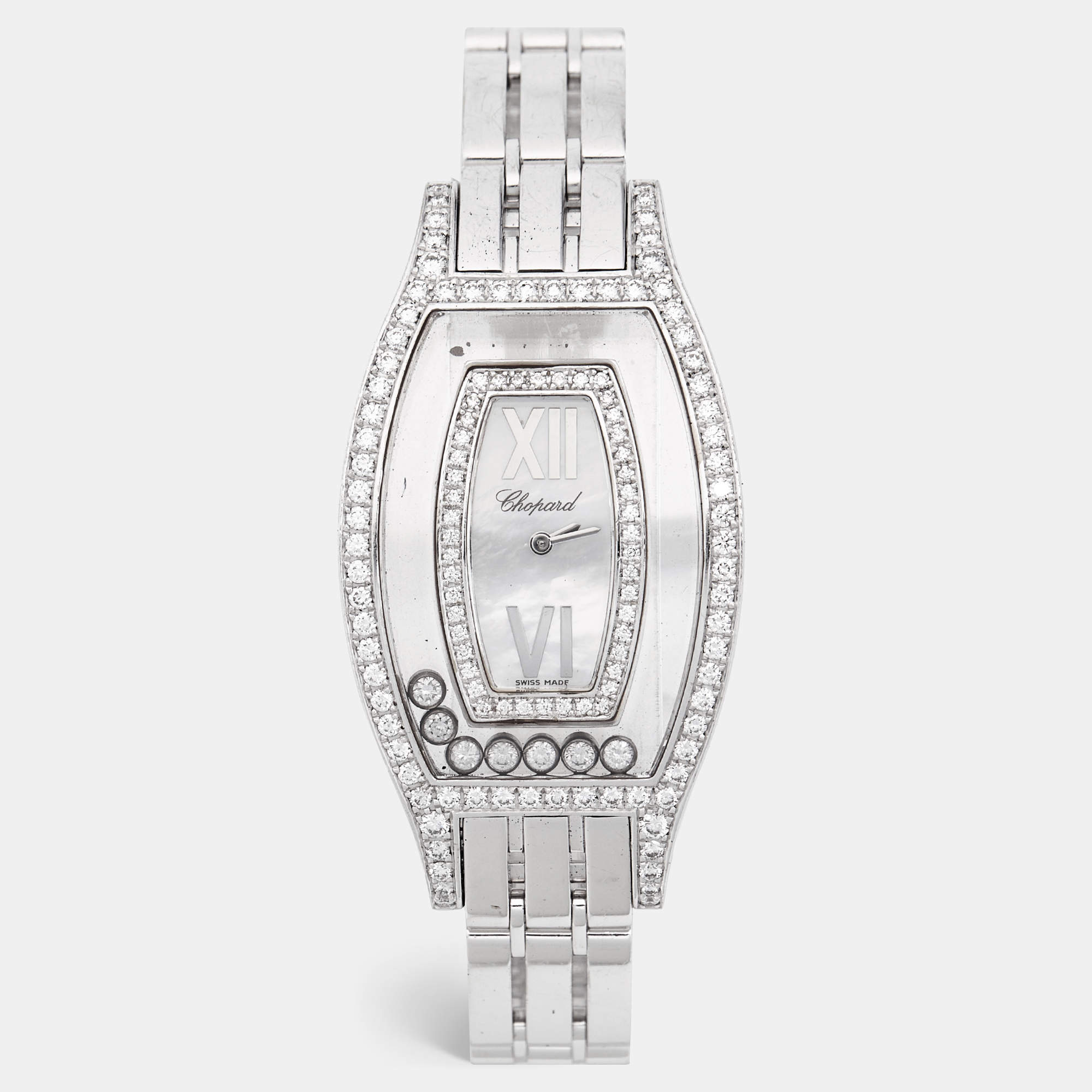 Pre Owned Chopard Mother of Pearl Diamonds 18k White Gold Happy Diamonds 20/9029 Women's Wristwatch 28 mm 