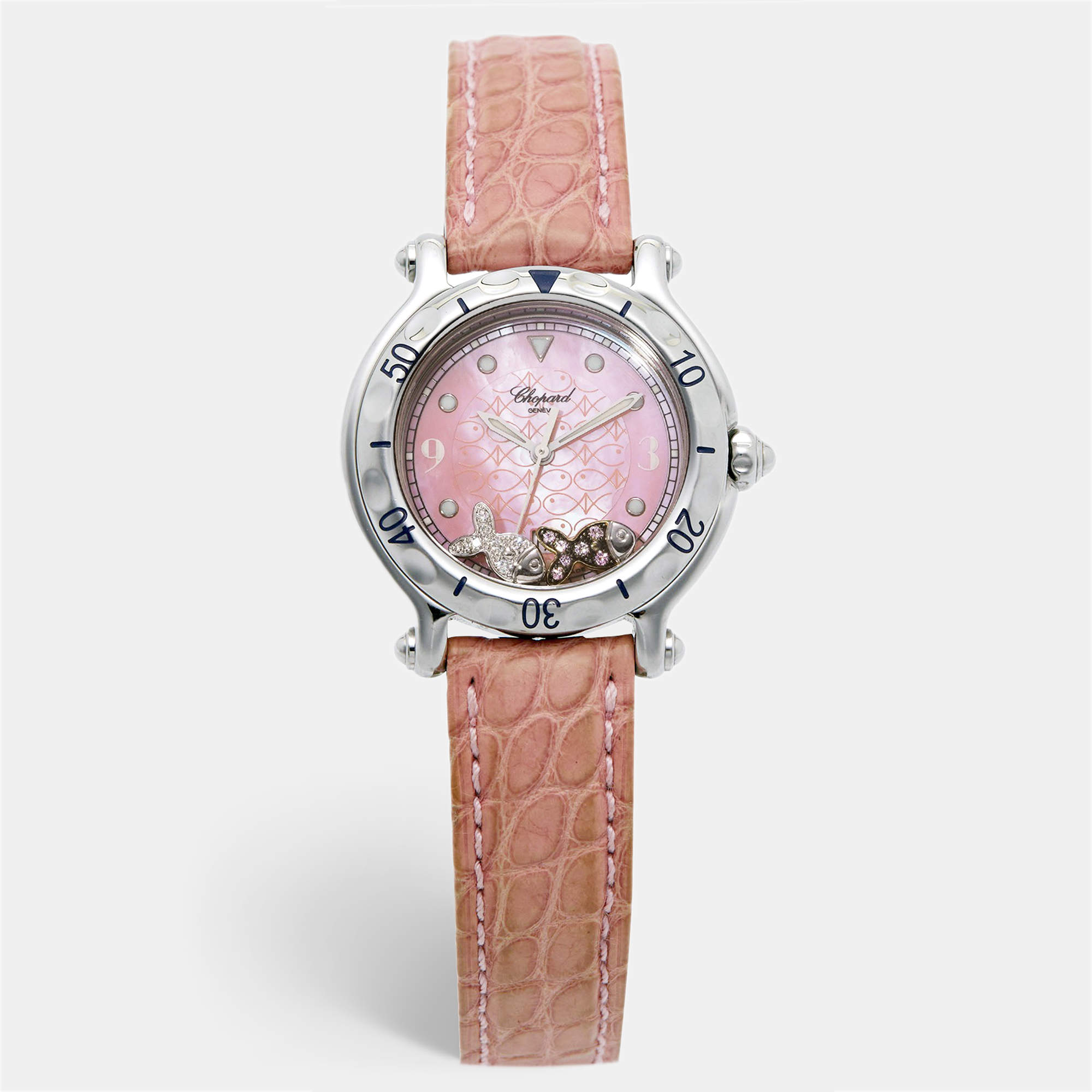 Pre Owned Chopard Happy Sport 278921 Pink Mother Of Pearl Dial Stainless Steel Diamond Pink Sapphire Women's Wristwatch 32 mm