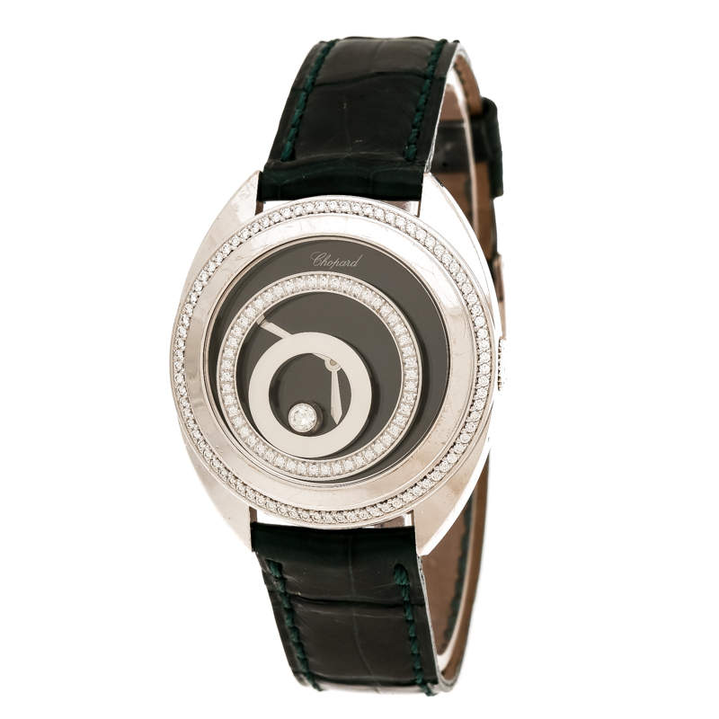 Pre Owned Chopard Black 18K White Gold Diamonds Happy Spirit 20/7082-20 Women's Wristwatch 32 mm