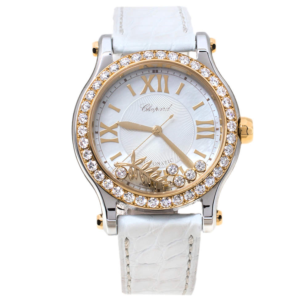 Chopard Mother Of Pearl 18K Yellow Gold Stainless Steel Leather Diamond Limited Edition Happy Palm 8578 Women's Wristwatch 36 mm