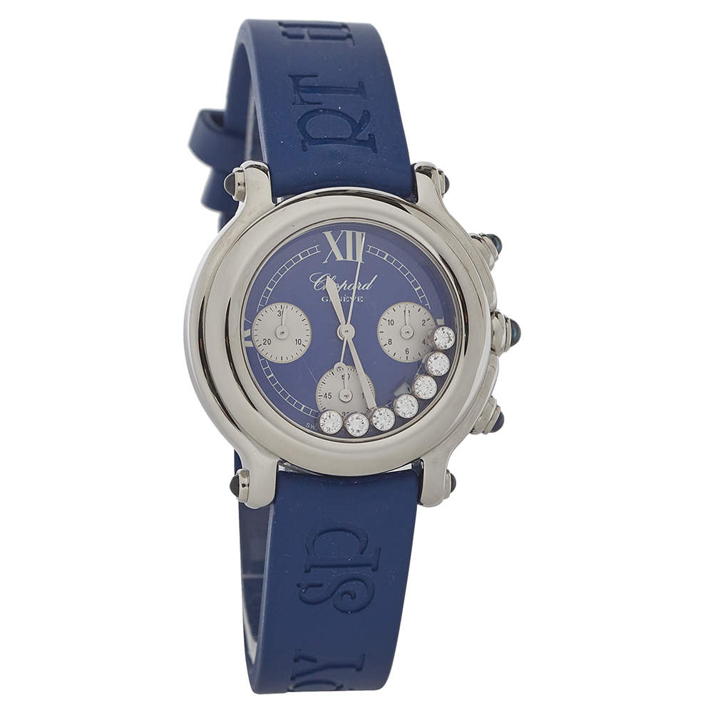 Pre Owned Chopard Blue Stainless Steel Diamonds Happy Sport 27/8323-23 Women's Wristwatch 32.5MM
