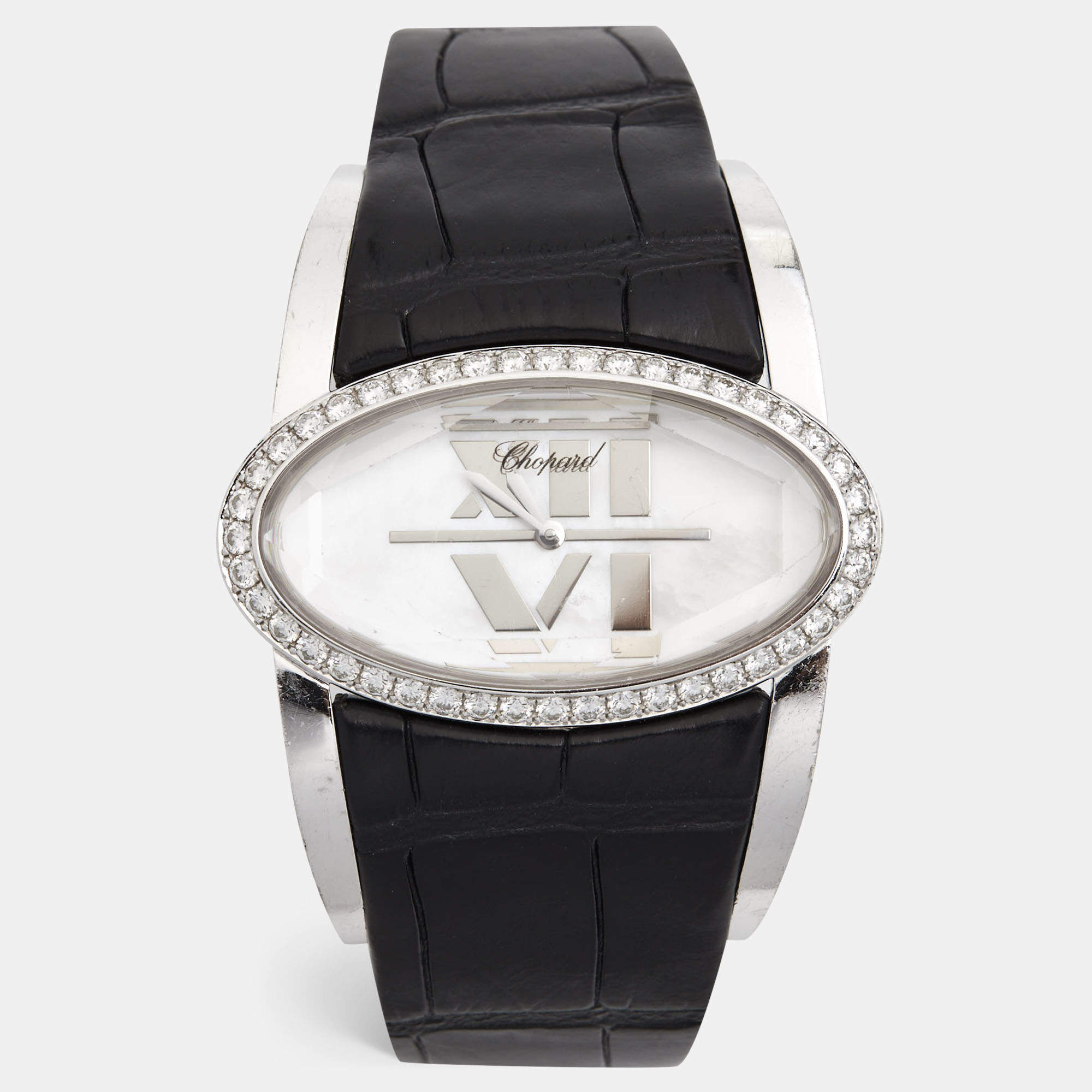 Chopard Mother of Pearl 18k White Gold Alligator Leather Diamond Happy Oval 139018 Women's Wristwatch 42 mm