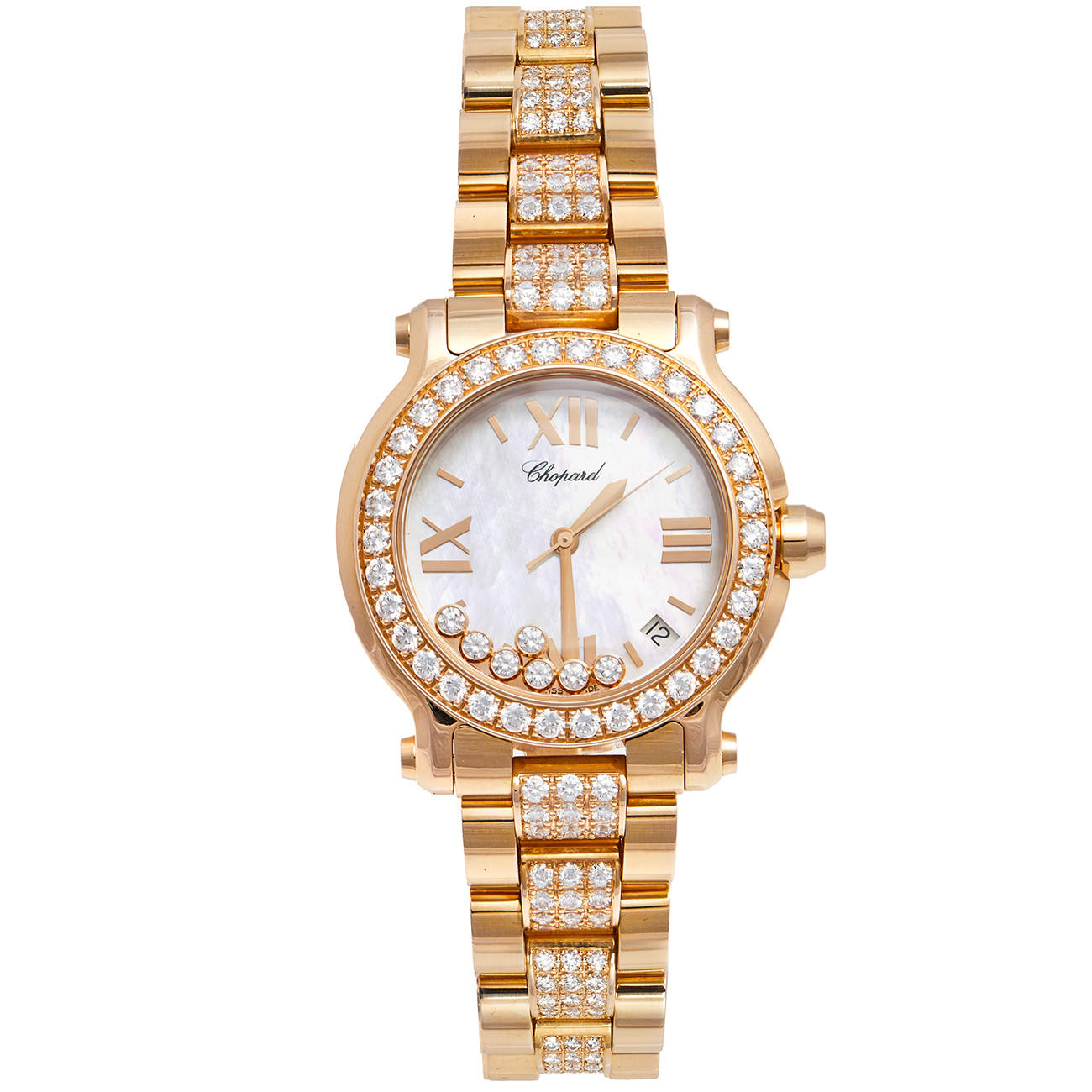 Pre Owned Chopard Mother of Pearl 18K Rose Gold Diamond Happy Sport 4183 Women's Wristwatch 36 mm