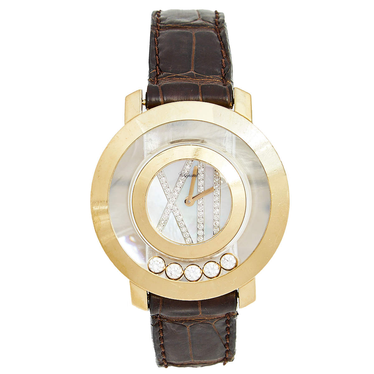 Pre Owned Chopard Mother of Pearl Diamond 18k Yellow Gold Crocodile Happy Diamond 20/7224 Women's Wristwatch 37 mm