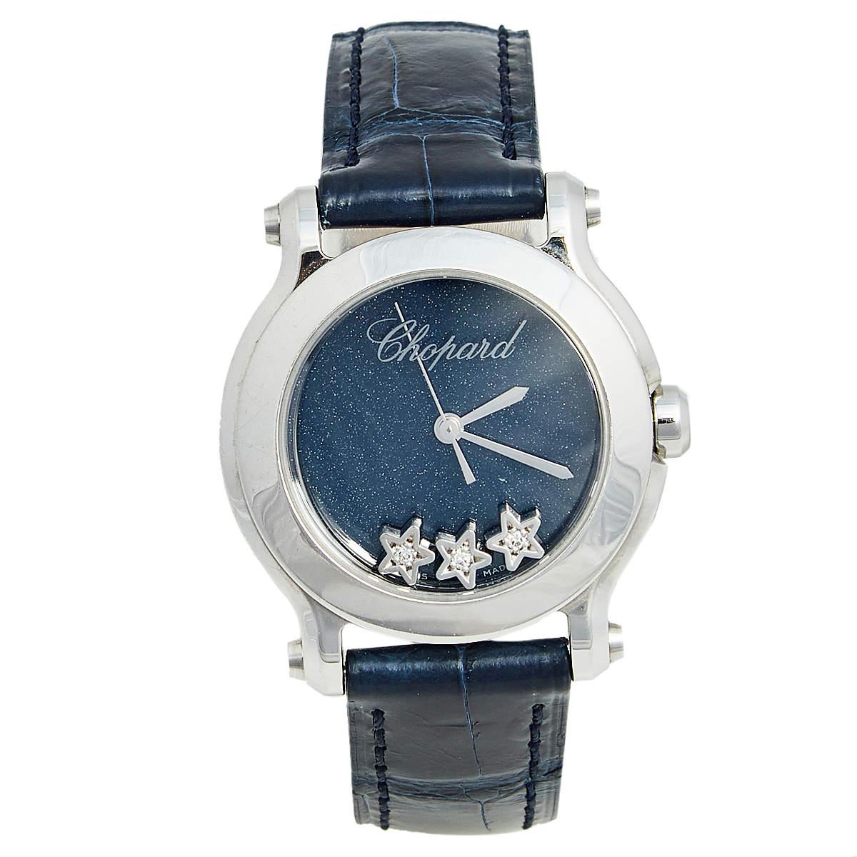 Pre Owned Chopard Blue Diamond Stainless Steel Alligator Happy Sport 27/8509-3049 Women's Wristwatch 30 mm