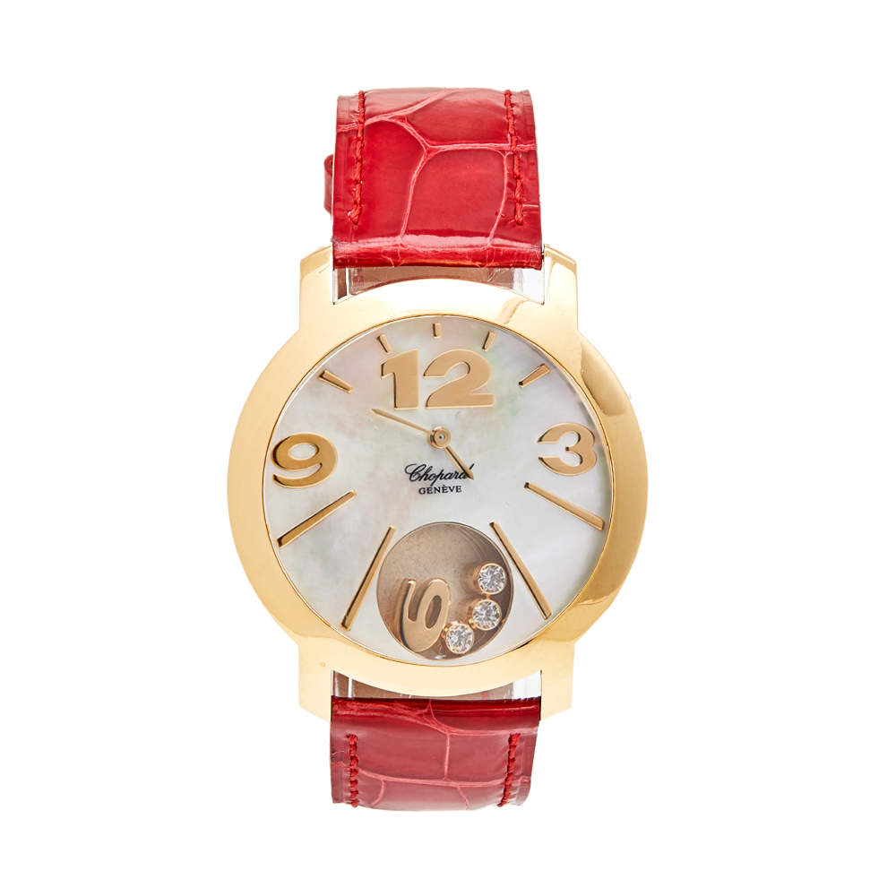 Pre Owned Chopard Mother Of Pearl Diamond 18k Yellow Gold Alligator 20/7449 Women's Wristwatch 40 mm