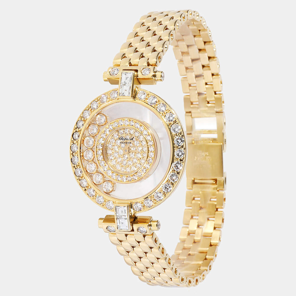 Pre Owned Chopard Champagne Diamonds 18k Yellow Gold Happy Diamonds 20/5011 Women's Wristwatch 26 MM