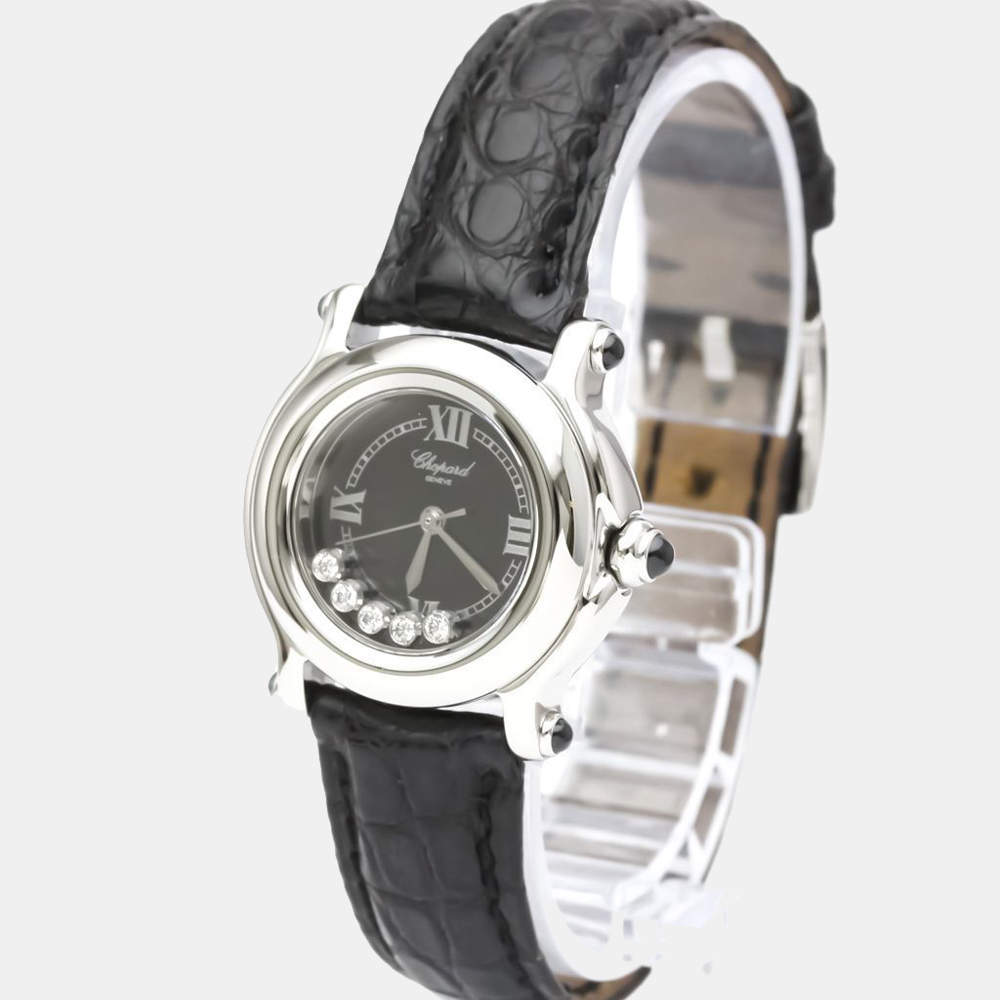 Pre Owned Chopard Black Diamonds Stainless Steel Happy Sport 27/8245-23 Quartz Women's Wristwatch 26 mm