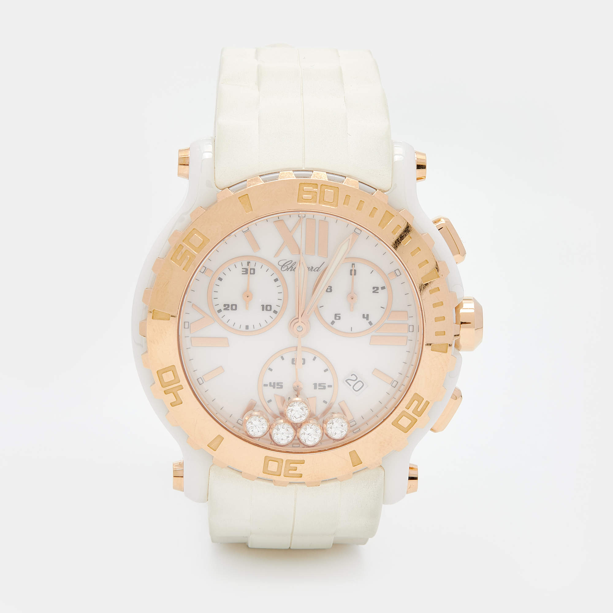 Pre Owned Chopard White 18k Rose Gold Rubber Diamond Happy Sport 288515-9001 Women's Wristwatch 42 mm