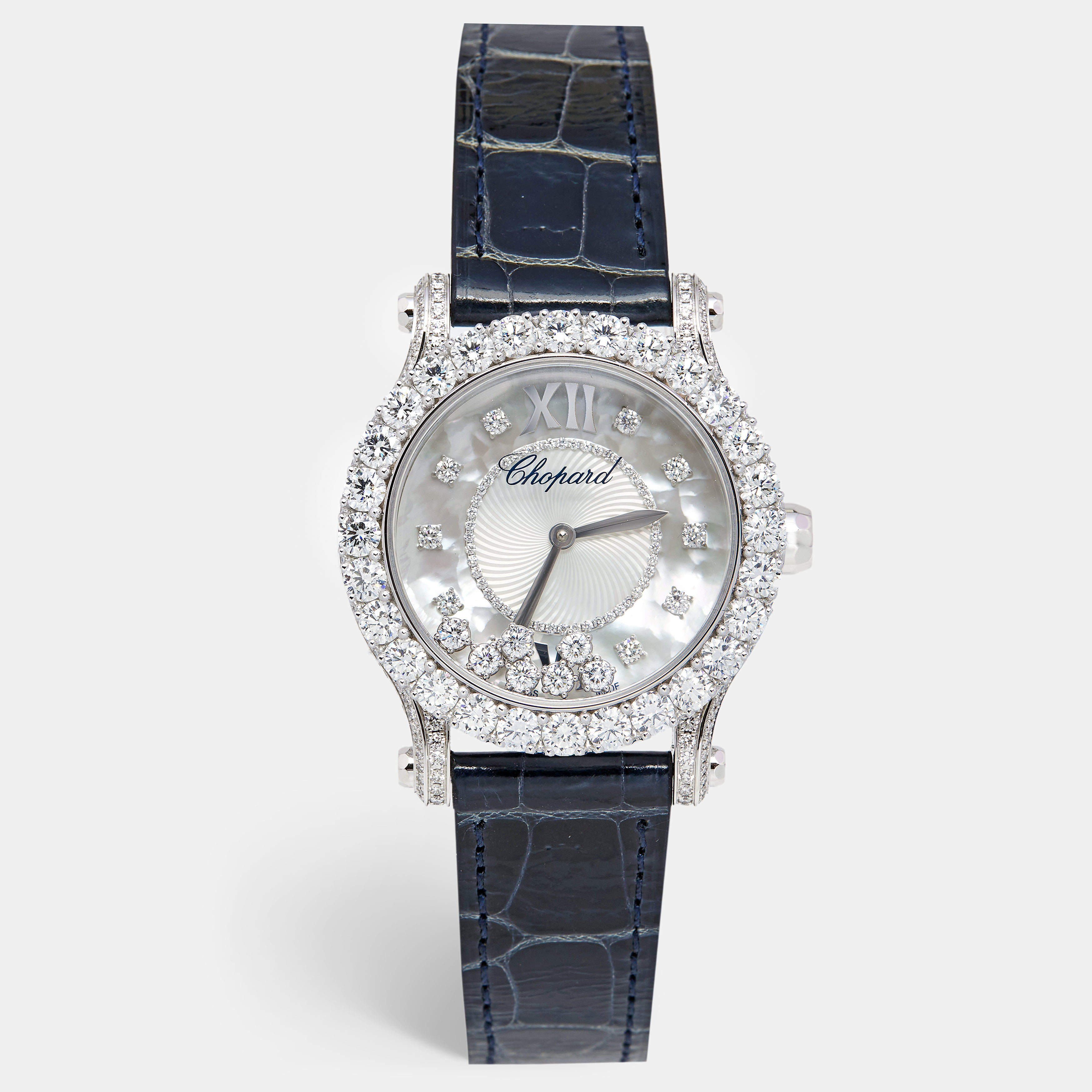 Chopard Mother Of Pearl 18K White Gold Diamond Alligator Leather Happy Sport 274809-1001 Women's Wristwatch 36 mm