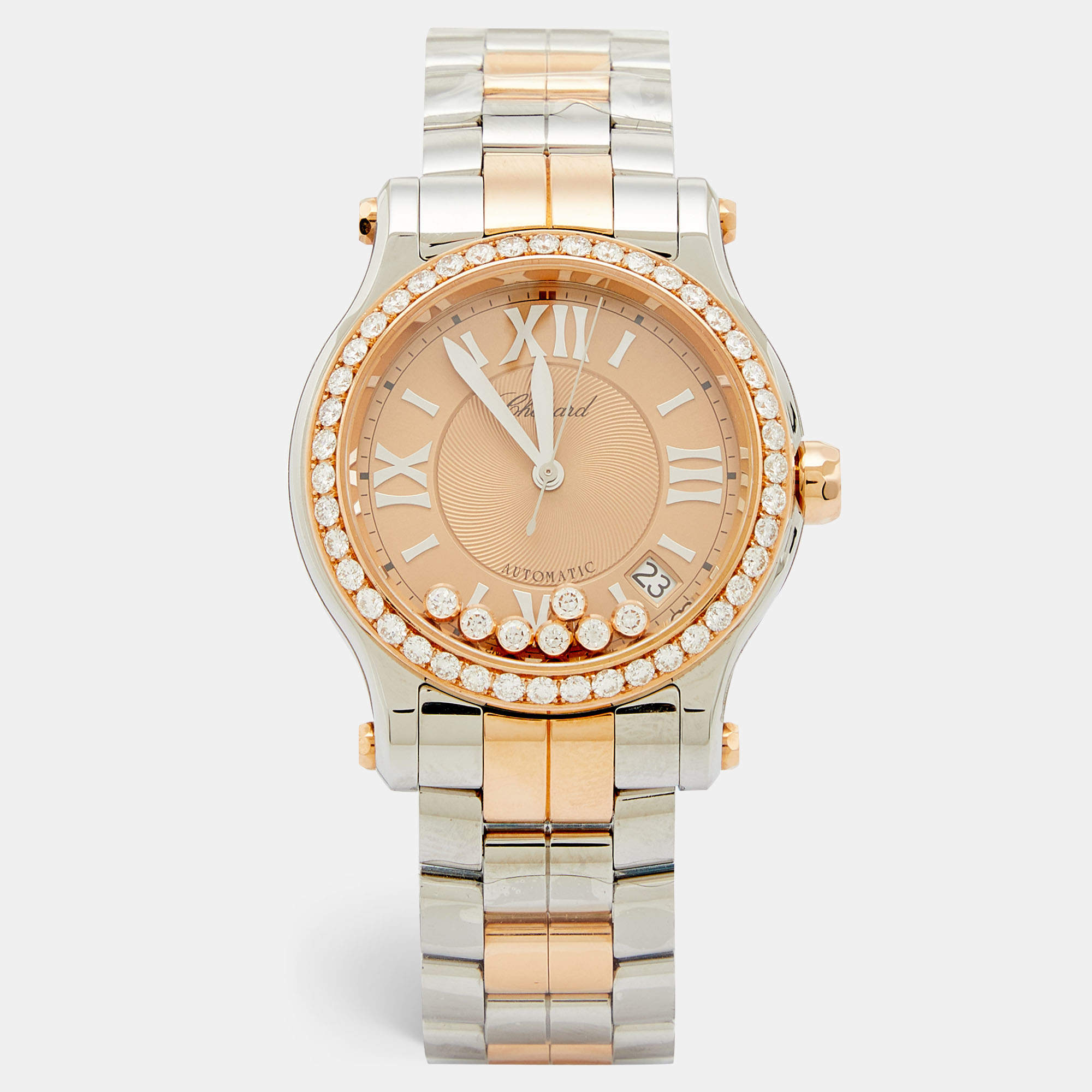 Pre Owned Chopard Champagne 18K Rose Gold Stainless Steel Diamond Happy Sport 8559 278559-6019 Women''s Wristwatch 36 mm