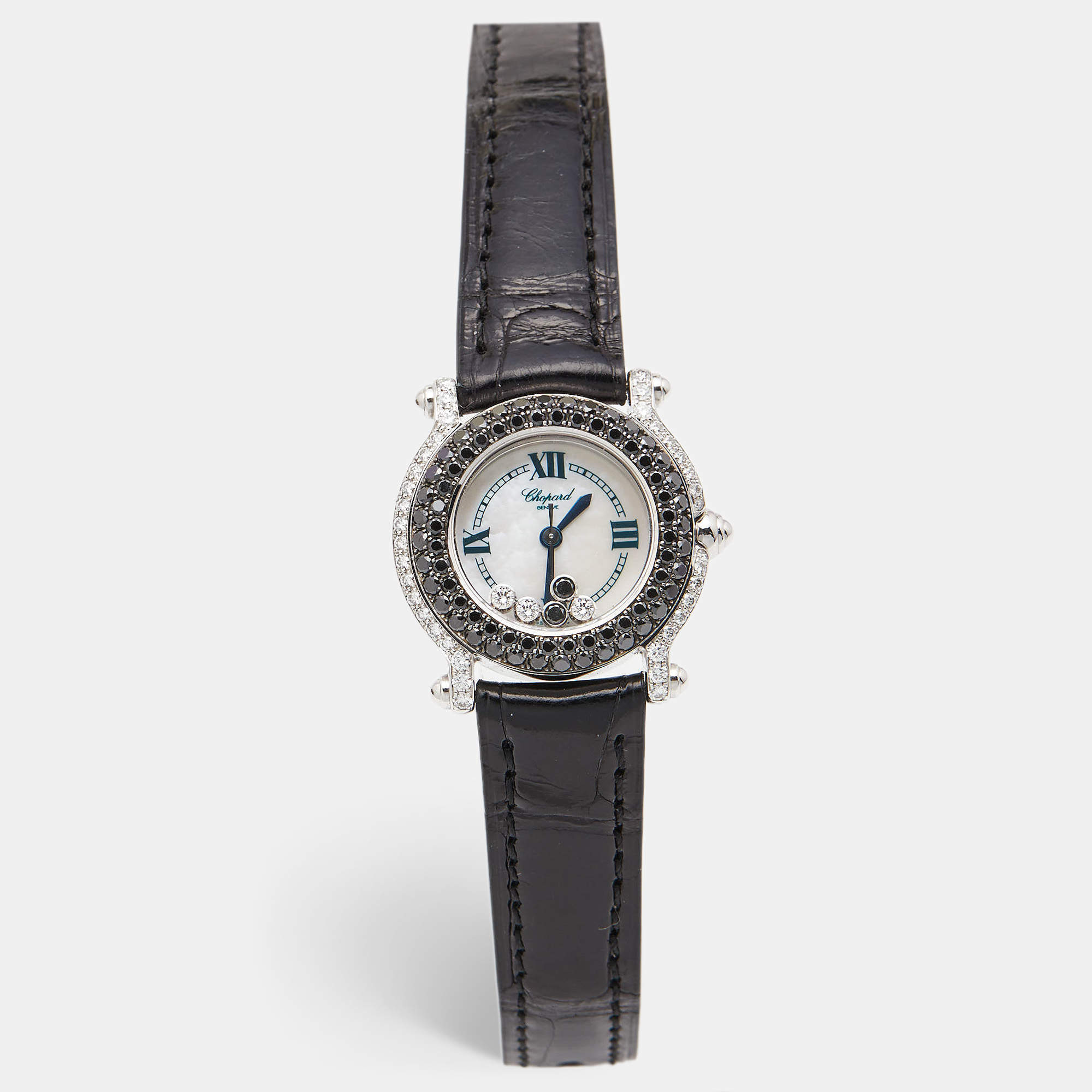 Chopard White Mother Of Pearl 18K White Gold Alligator Leather Happy Sport 27/6252-23 Women's Wristwatch 26 mm