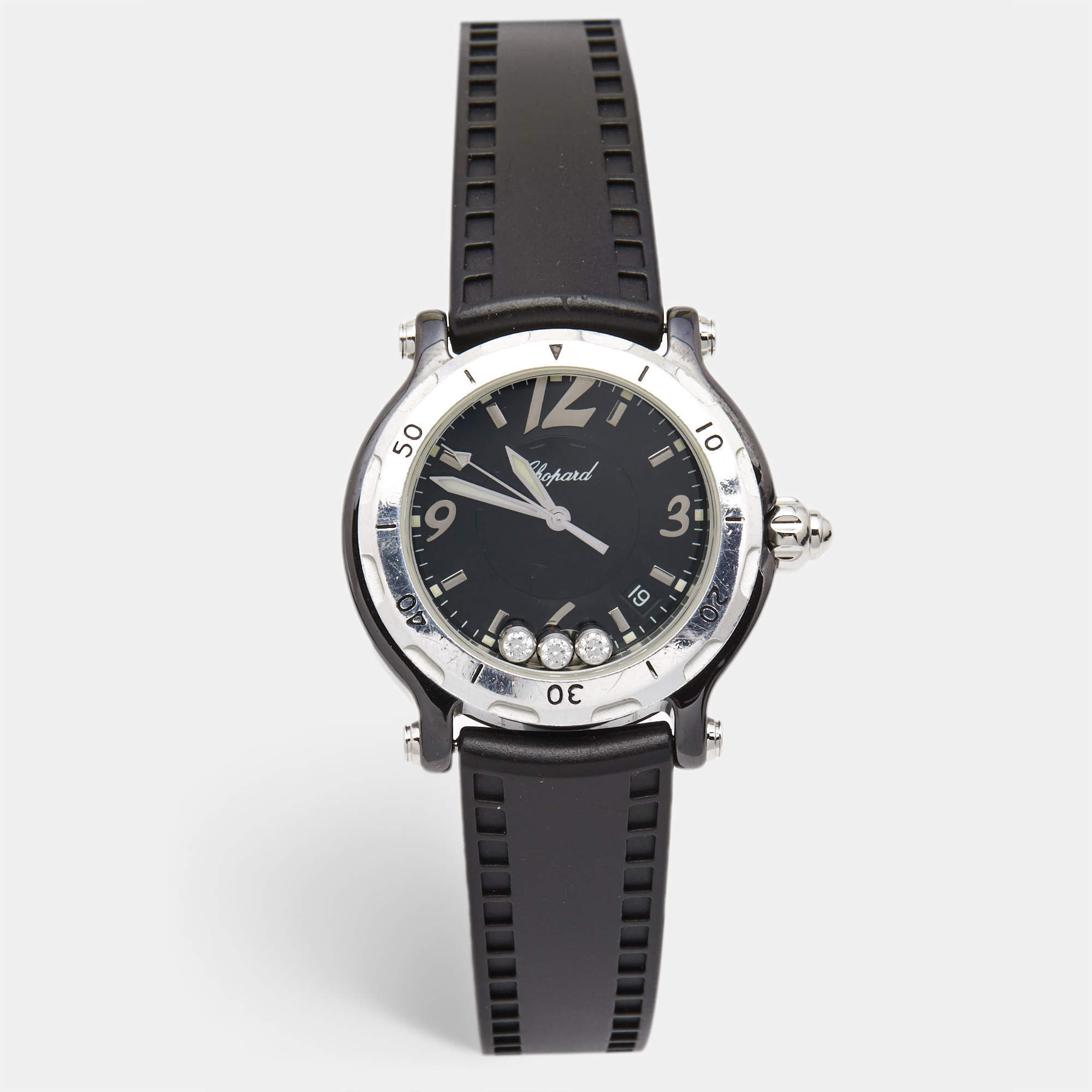 Chopard Black Ceramic Stainless Steel Rubber Limited Edition Happy Sport 28/8507 Women's Wristwatch 38 mm