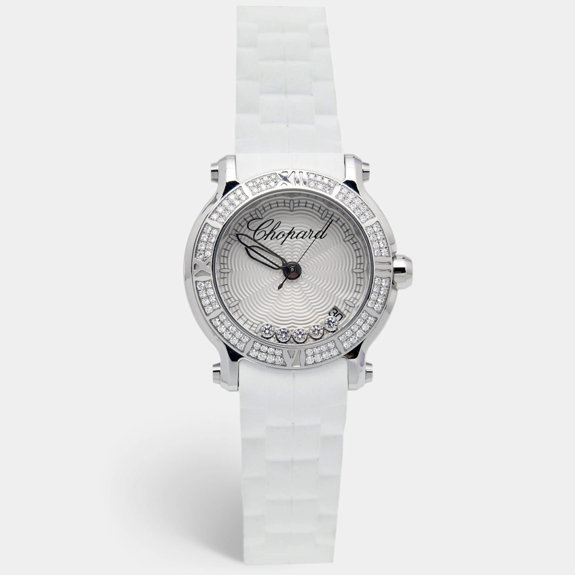 Chopard Silver Stainless Steel Rubber Diamond Happy Sport 278551-3003 Women's Wristwatch 36 mm