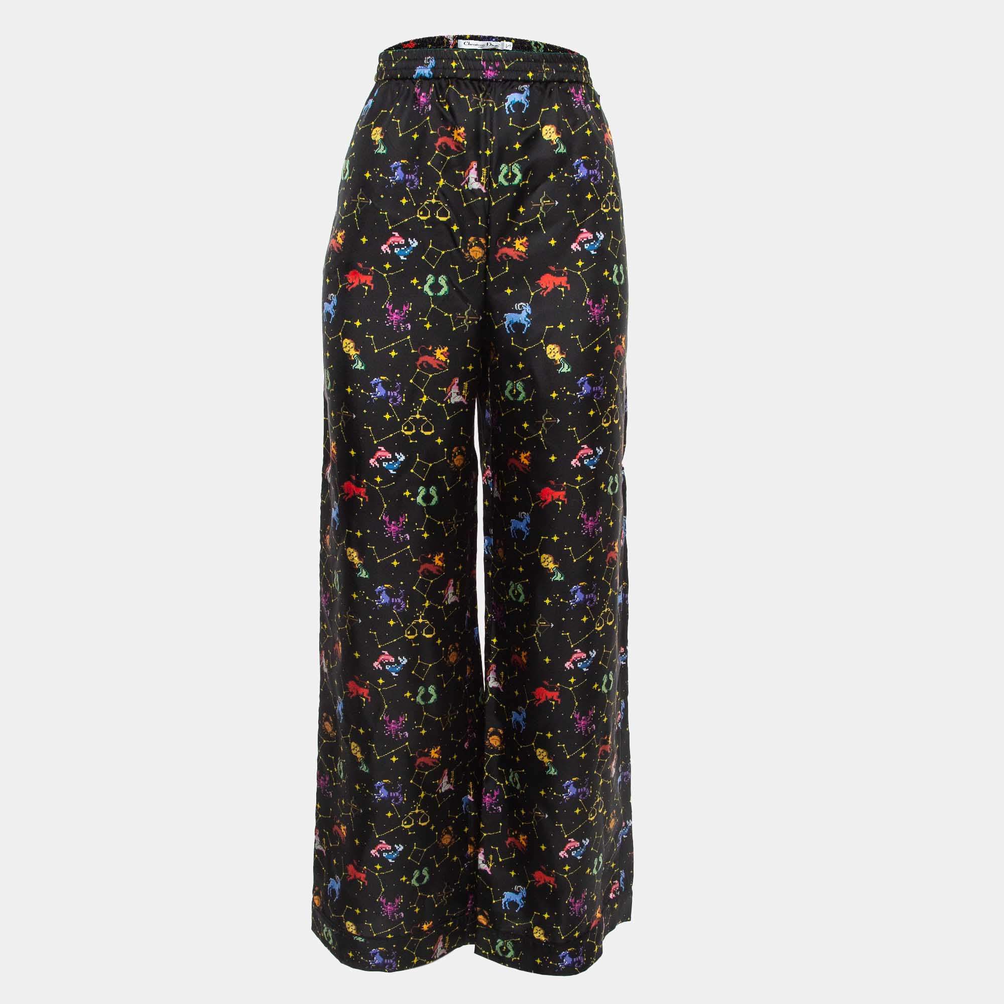 Pre Owned Christian Dior Black Zodiac Printed Silk Lounge Pants M