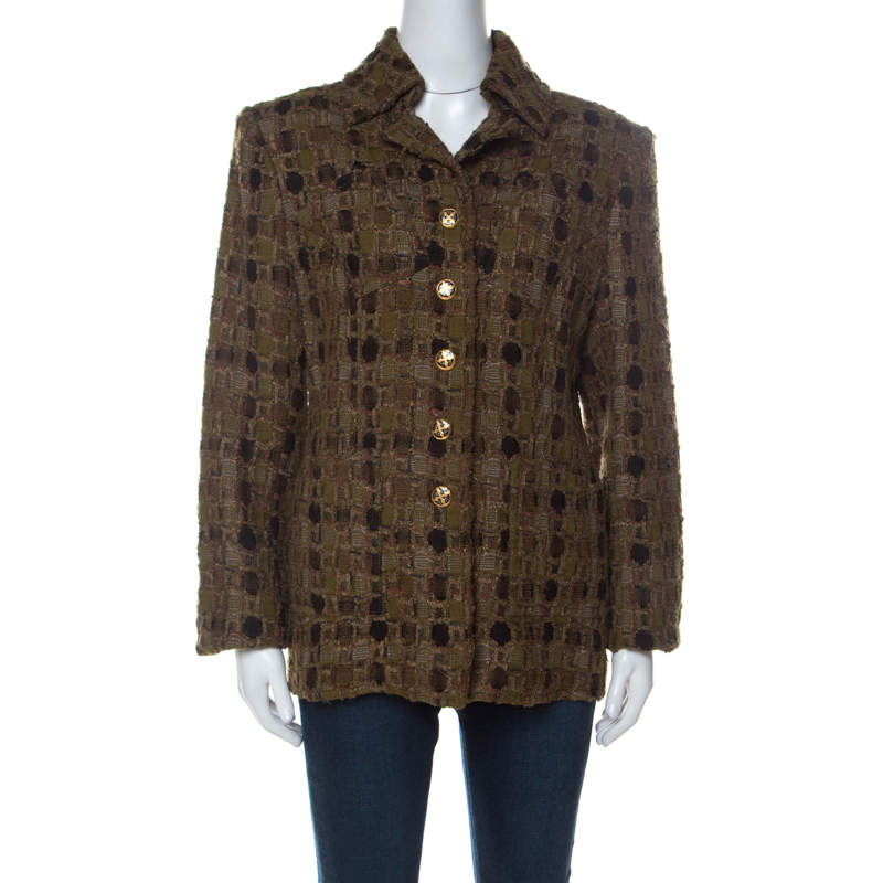 Christian Lacroix Khaki Green Wool Blend Tweed Front Button Jacket L
