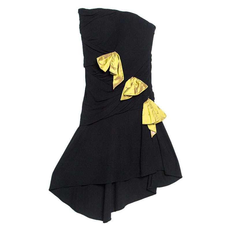 Christian Lacroix Black Crepe Bow Applique Ruched Strapless Dress M