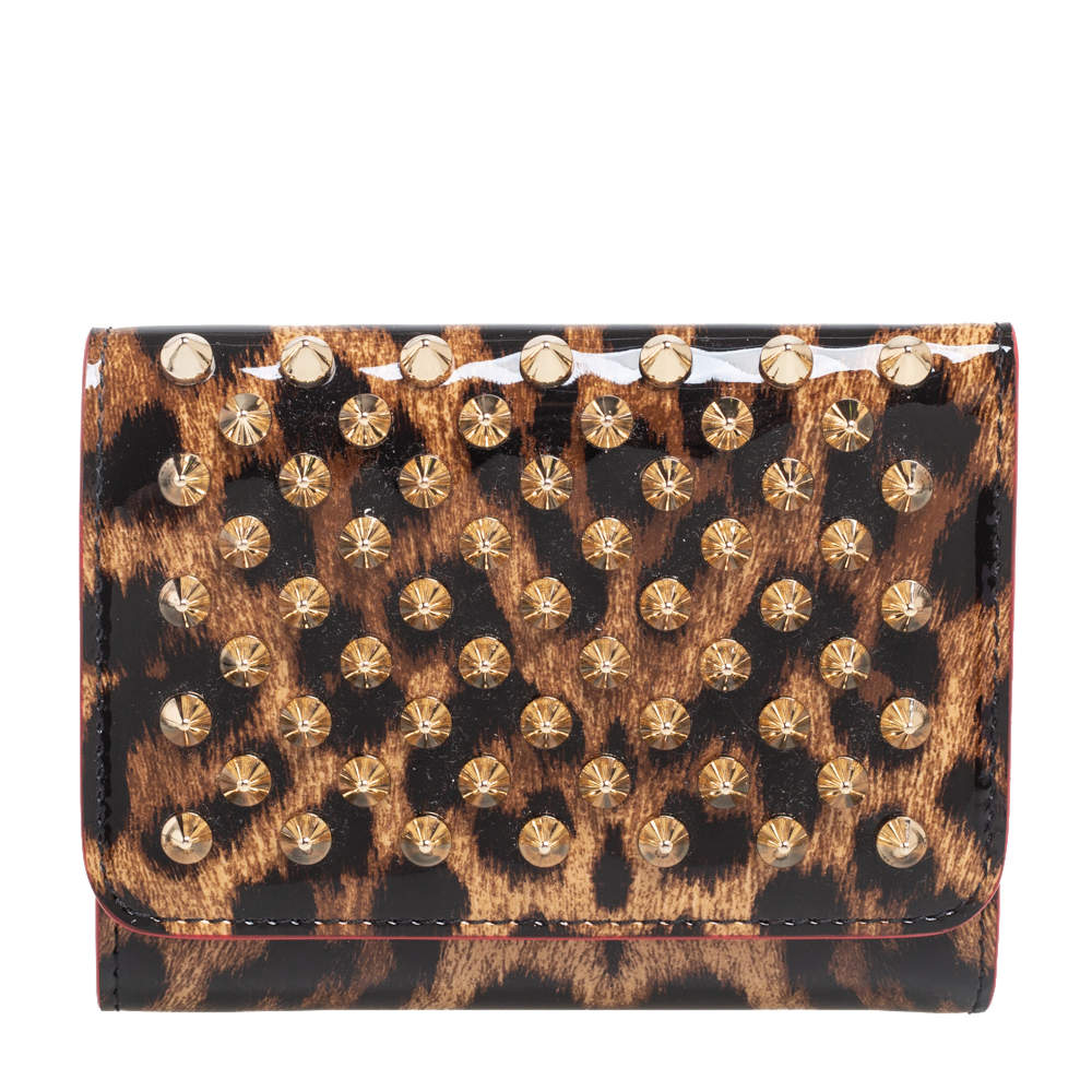 Christian Louboutin Brown Leopard Print Patent Leather Macaron Spike Wallet